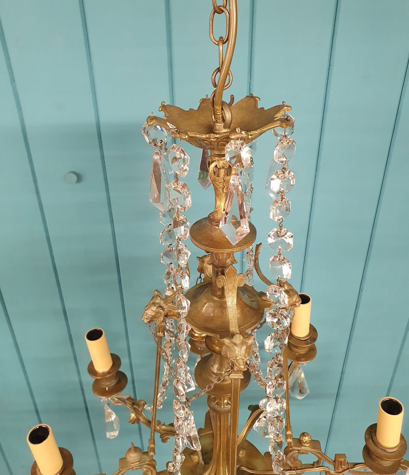 Circa 1900 Eight Arm Brass & Cut Glass Crystal Chandelier With Lion Masks 21" photo vinterior