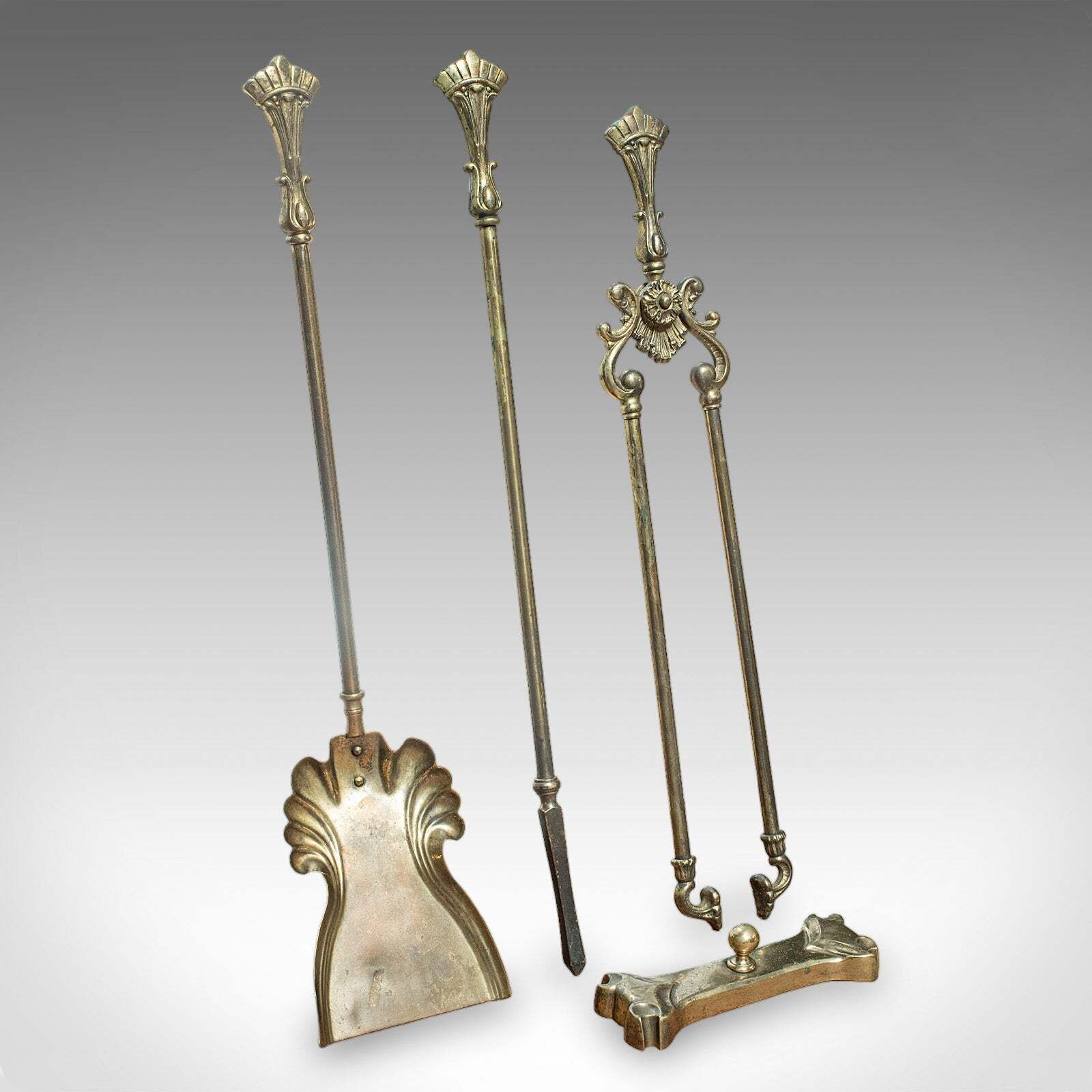 Set Of 3 Antique Fireside Tools, English, Tongs, Poker, Art Nouveau, Victorian photo furniture