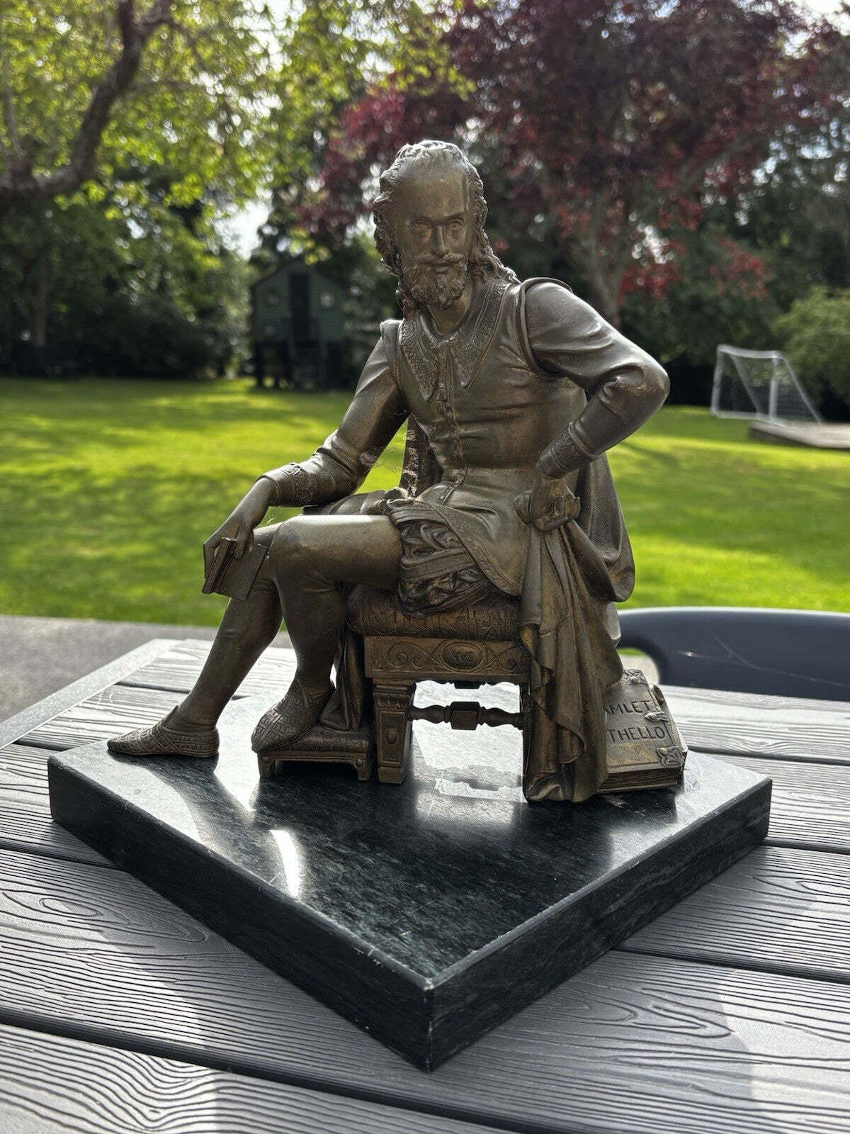 Victorian Gilt Bronze Figure Of William Shakespeare On Green Marble Base. photo vintage