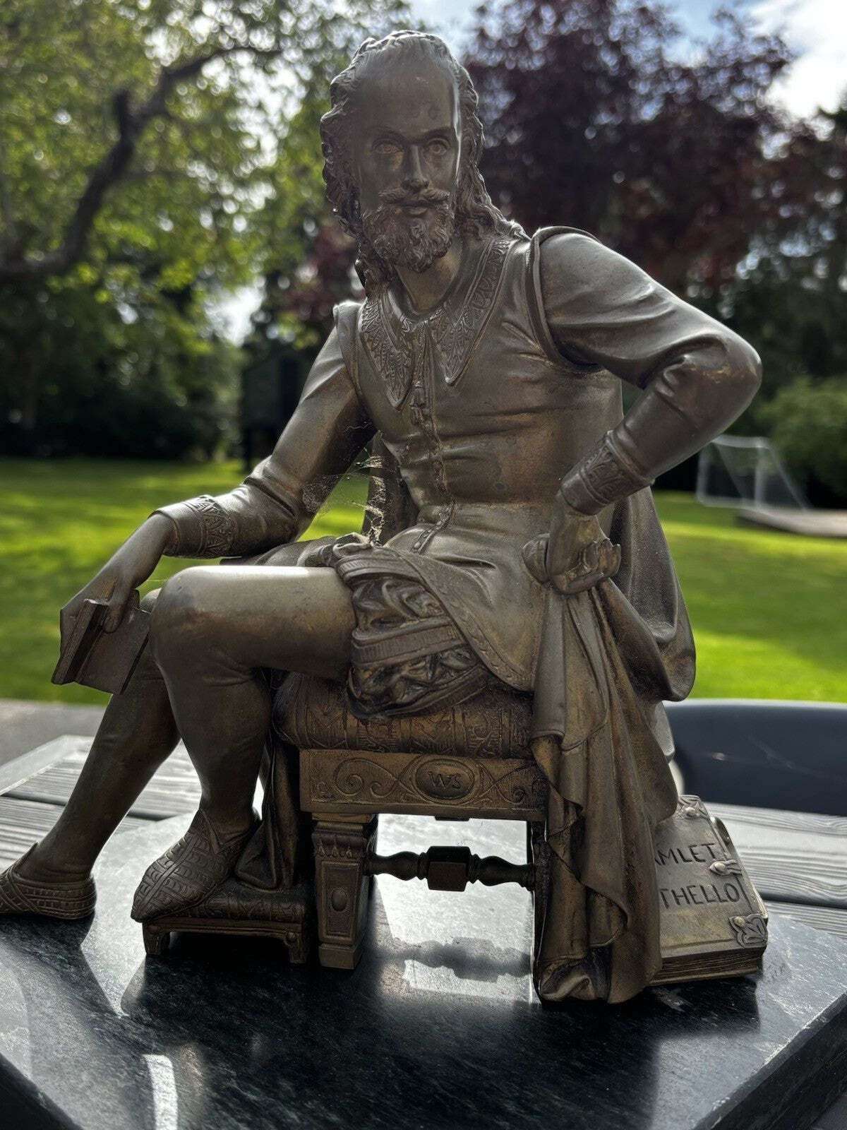 photo furniture Victorian Gilt Bronze Figure Of William Shakespeare On Green Marble Base.