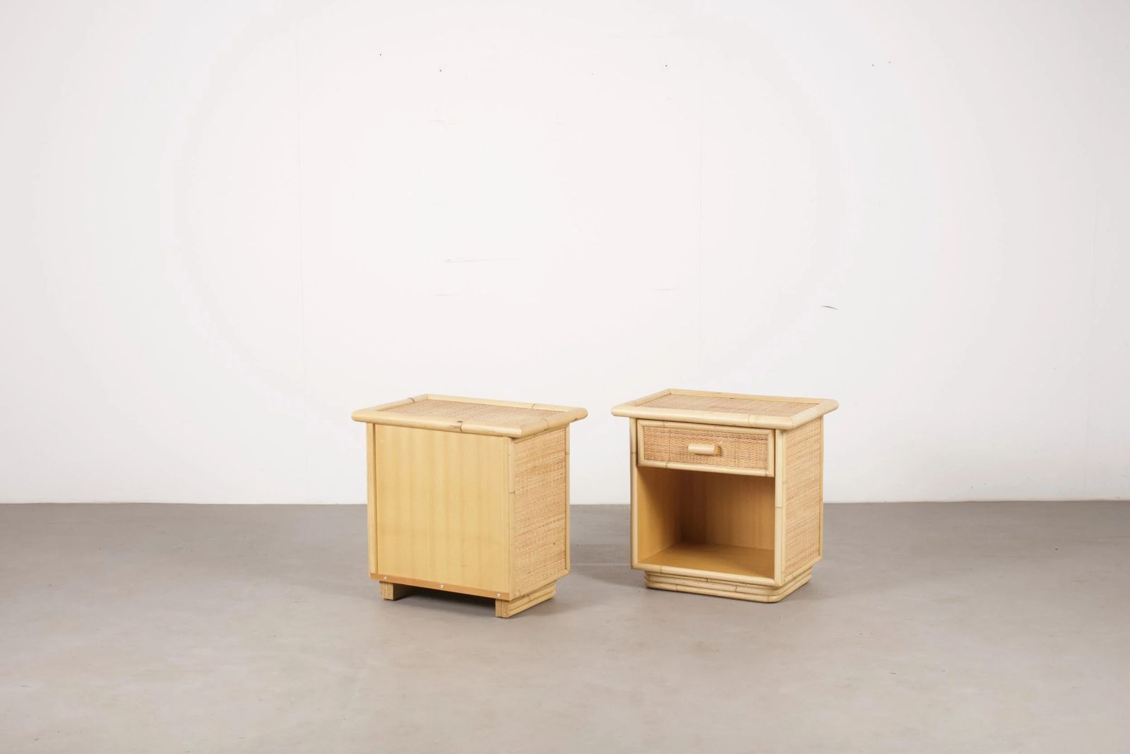 Pair Of 1970s Italian Bamboo & Rattan Bedside Tables /  Nightstands photo for sale