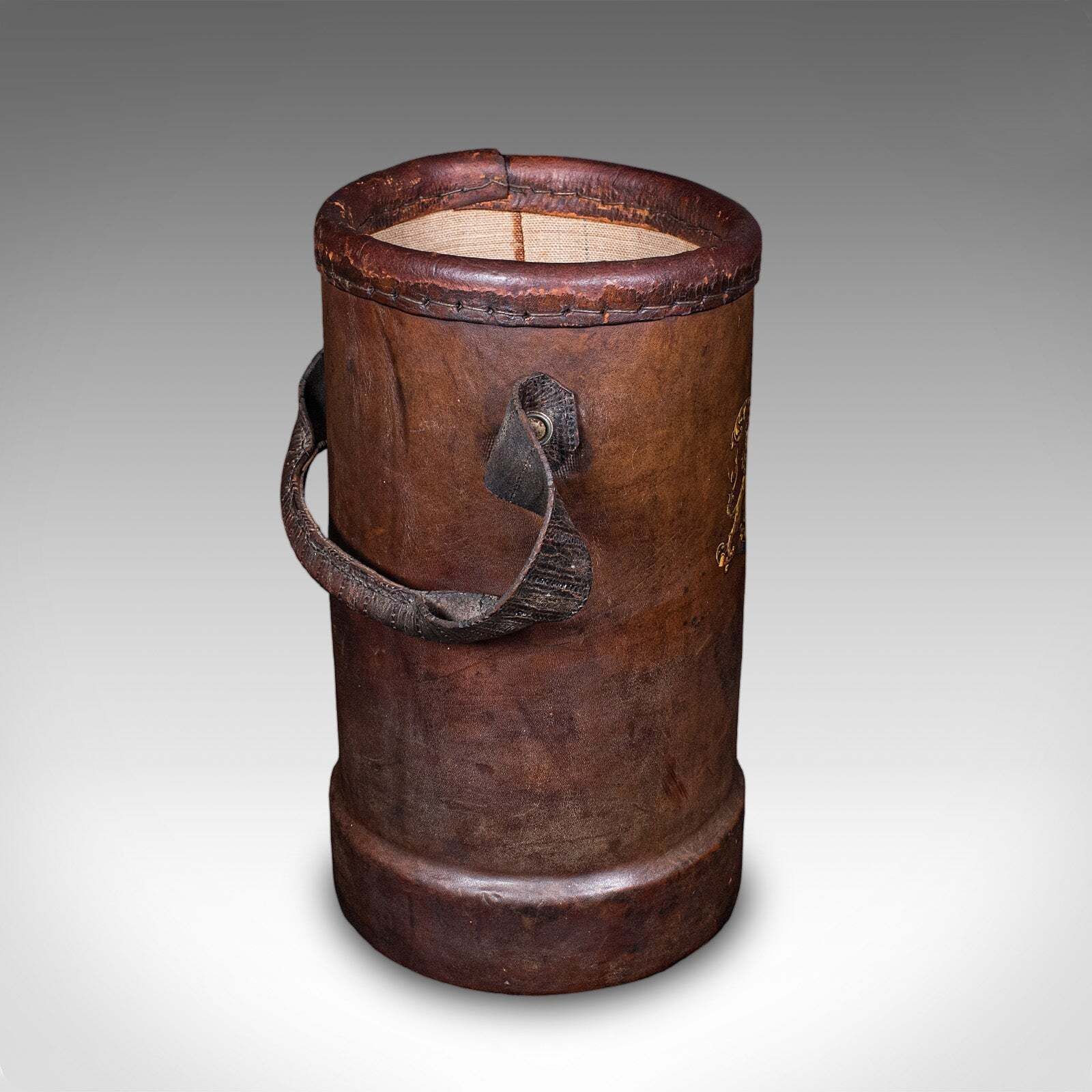 Vintage Decorative Stick Stand, English Leather Office Waste Basket, Storage Bin photo for sale