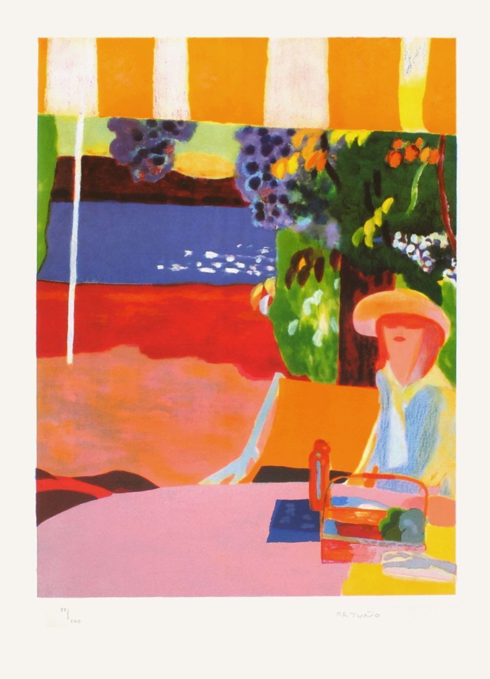 Roberto Ortuno Signed Lithograph Femme Dans Le Jardin 1985