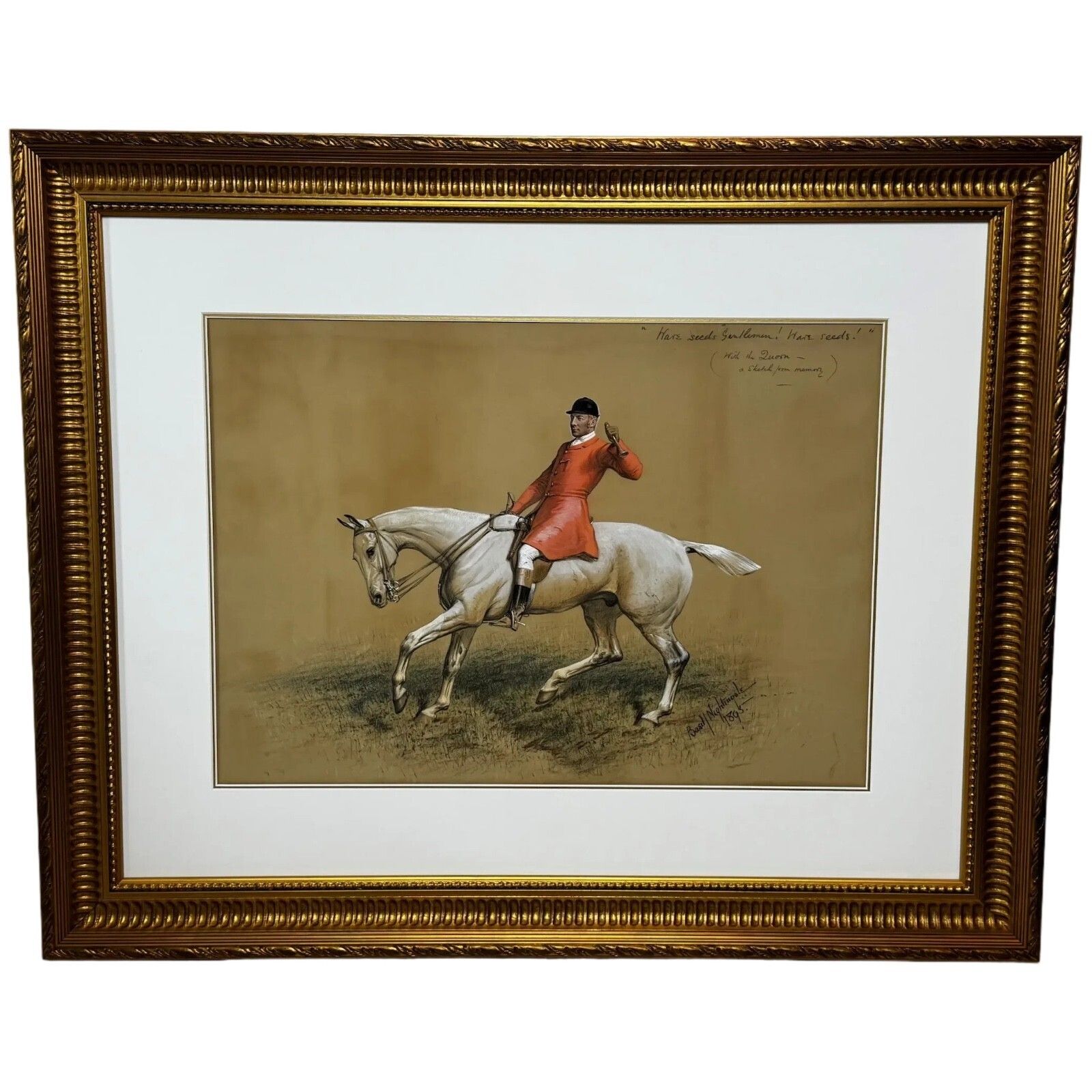 Groot 19e-eeuws jagerschilderij met de Quorn Hunt, Tom Firr te paard, gesigneerd Basil Nightingale photo furniture