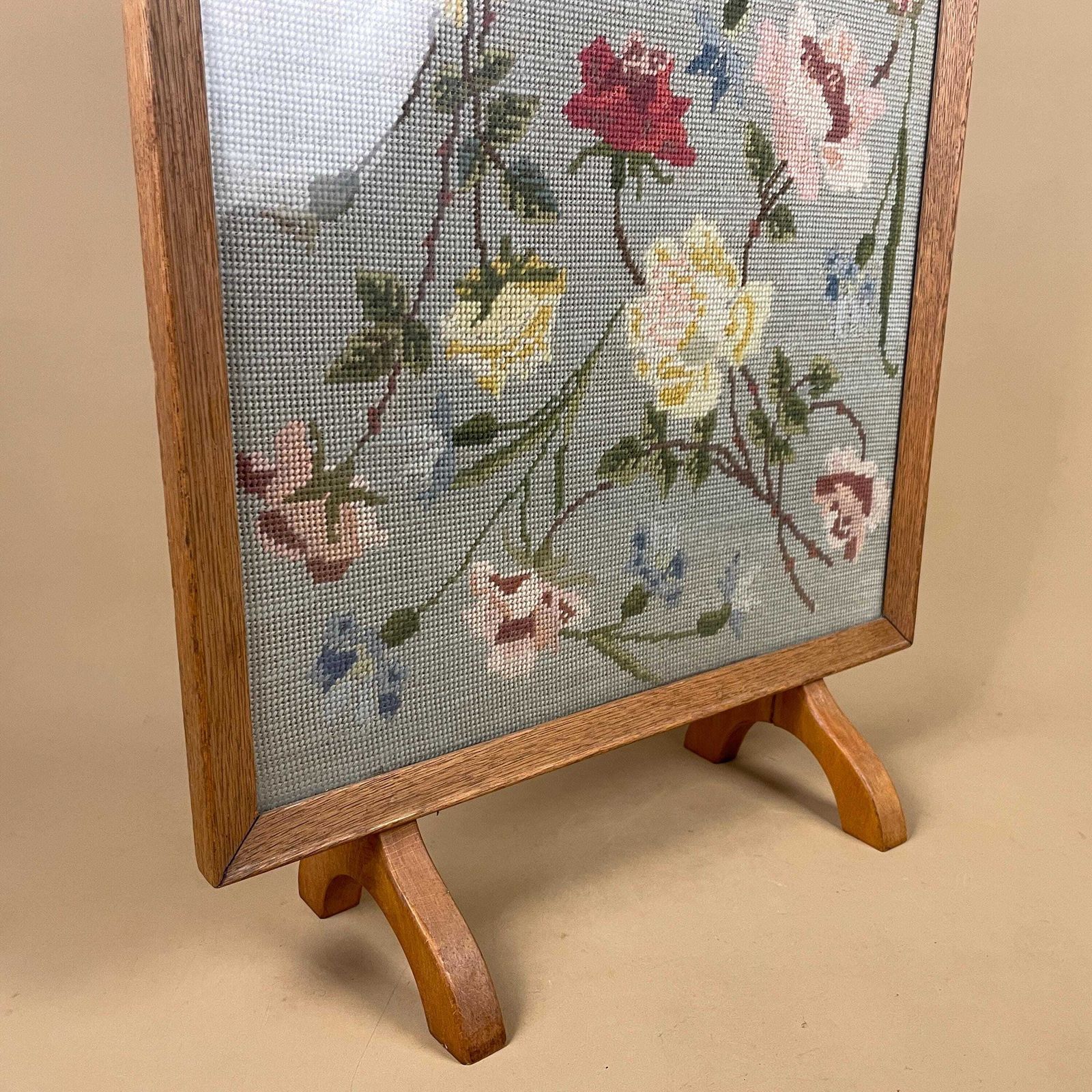 Embroidered Fire Screen Wooden Frame Floral Fabric Panel Country House Needlework Arts And Crafts Fireplace Fireguard Antique Victorian Blue photo for sale