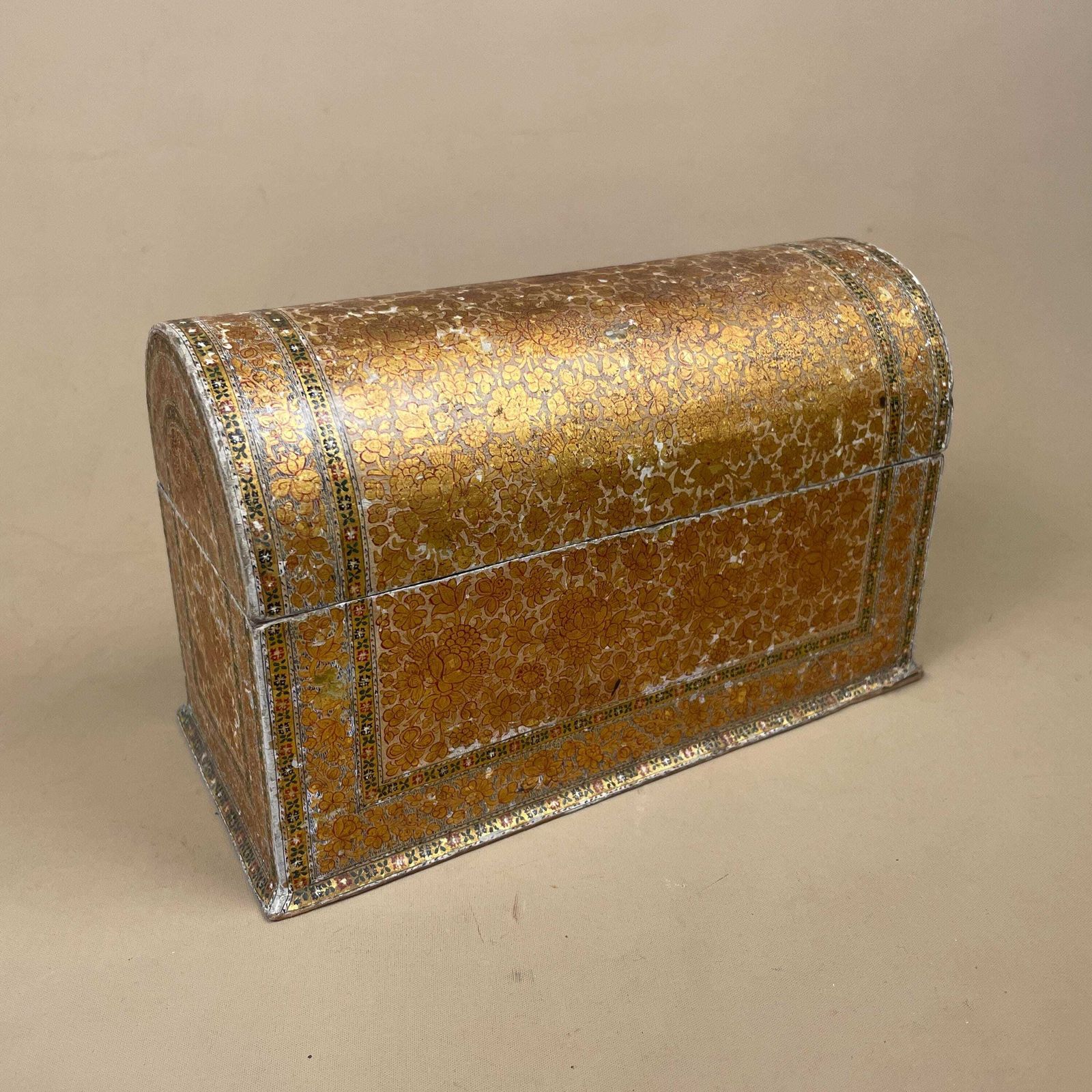 Kashmiri Paper Mache Domed Box Hand Painted Floral Lidded Keepsake Trinket Vintage Indian Antique Gold Patterned Antique Display Slots photo vintage