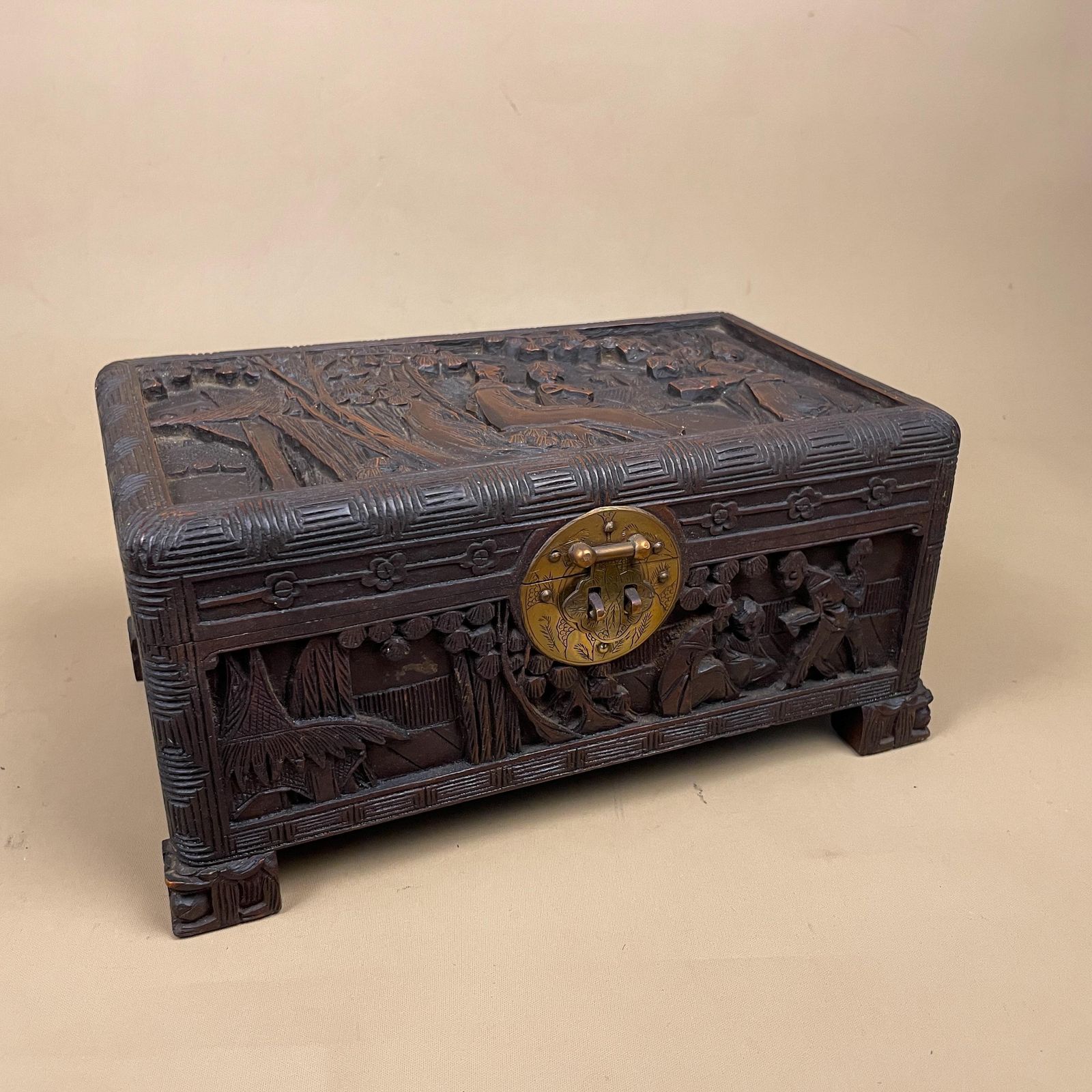 Oriental Wooden Box Trinket Jewellery Storage Keepsake Brown Wood Gold Brass Lock And Key Metal Trims Rectangle Antique Carved Pattern photo for sale