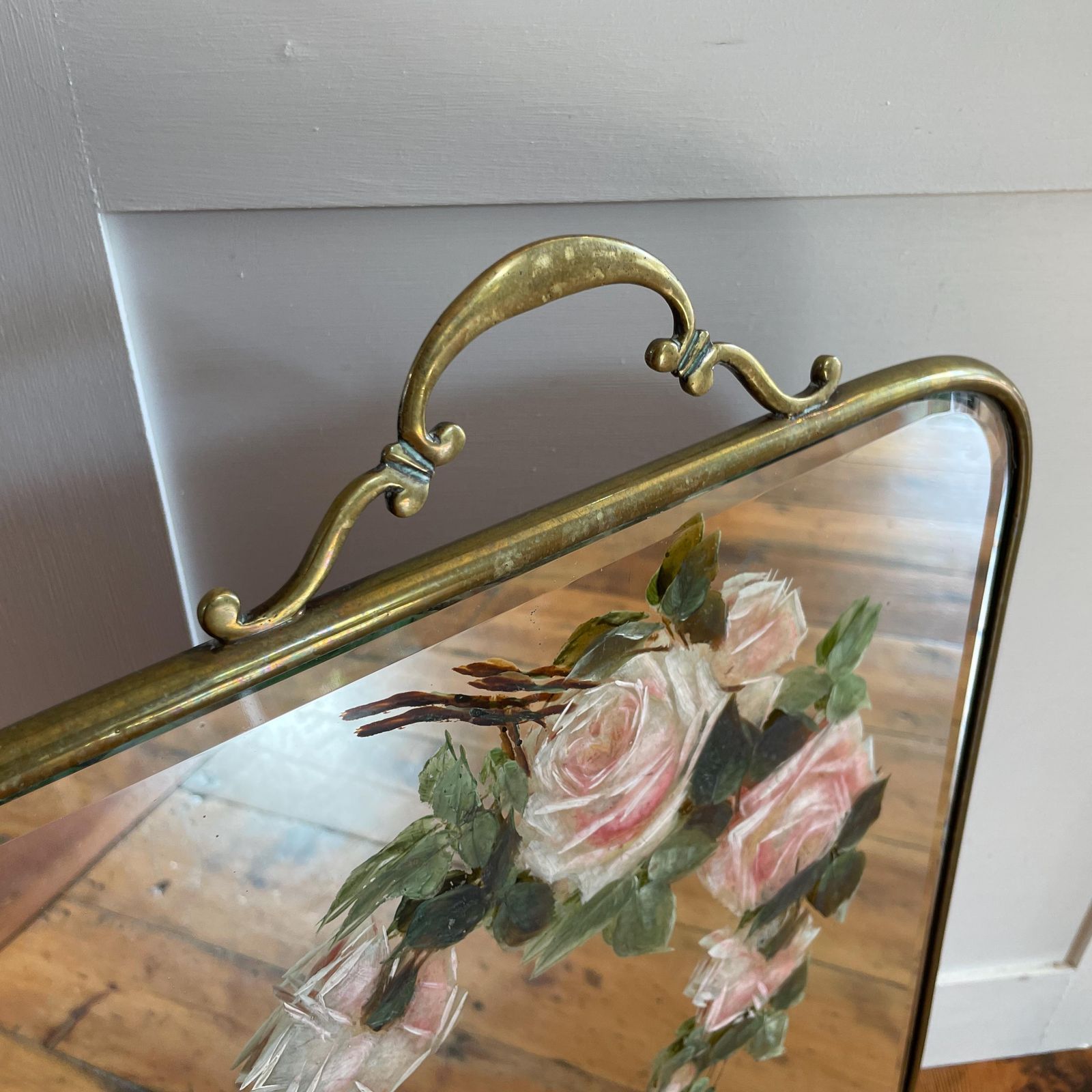 Antique Fireguard Fireplace Screen Metal Brass Gold Mirror Vintage Fire Guard Victorian Ornate Freestanding Floral Hand Painted Patterned photo 139.0