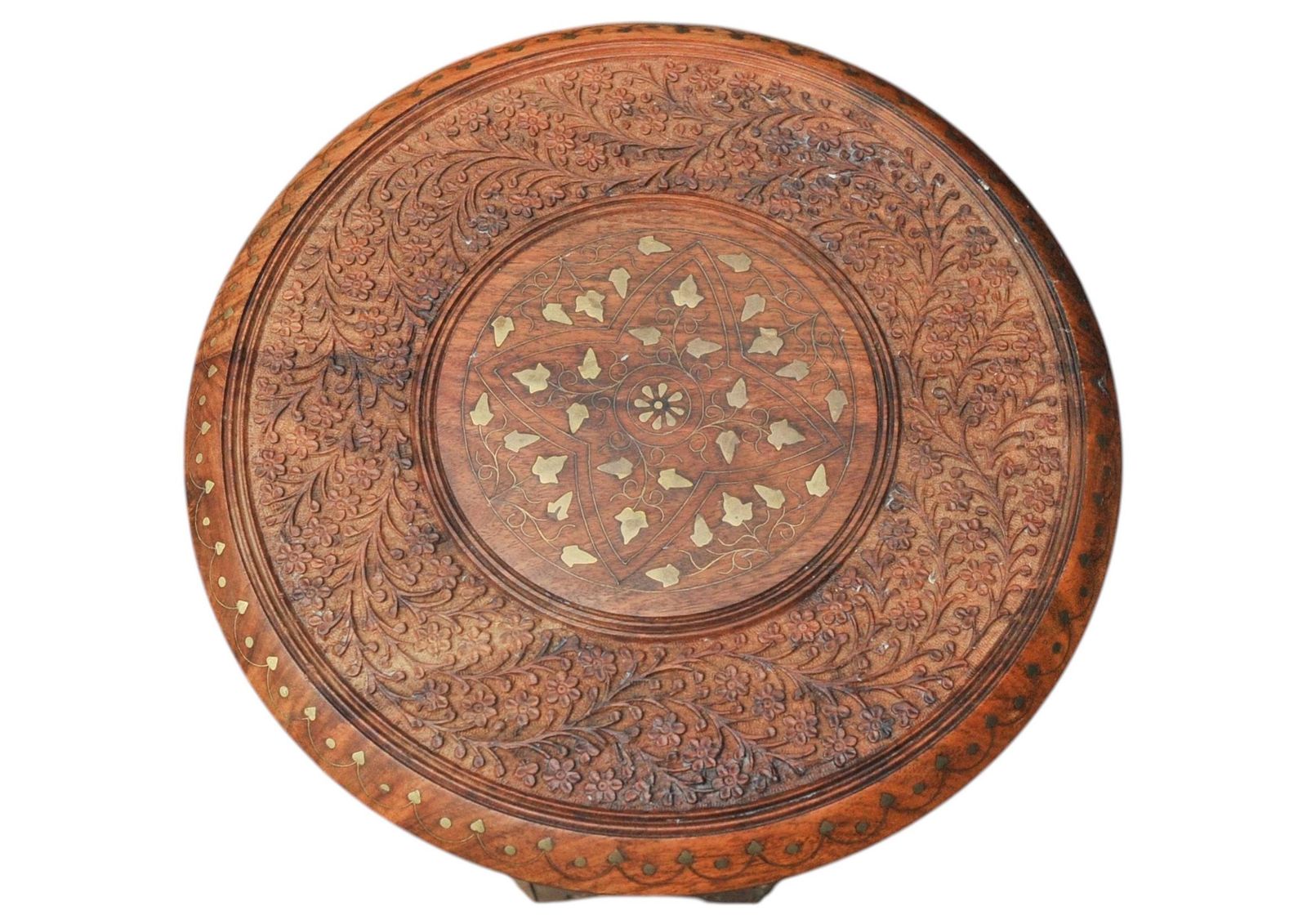 Antique Middle Eastern Circular Carved Table With Repetitive Brass Floral Patterns. photo Furniture