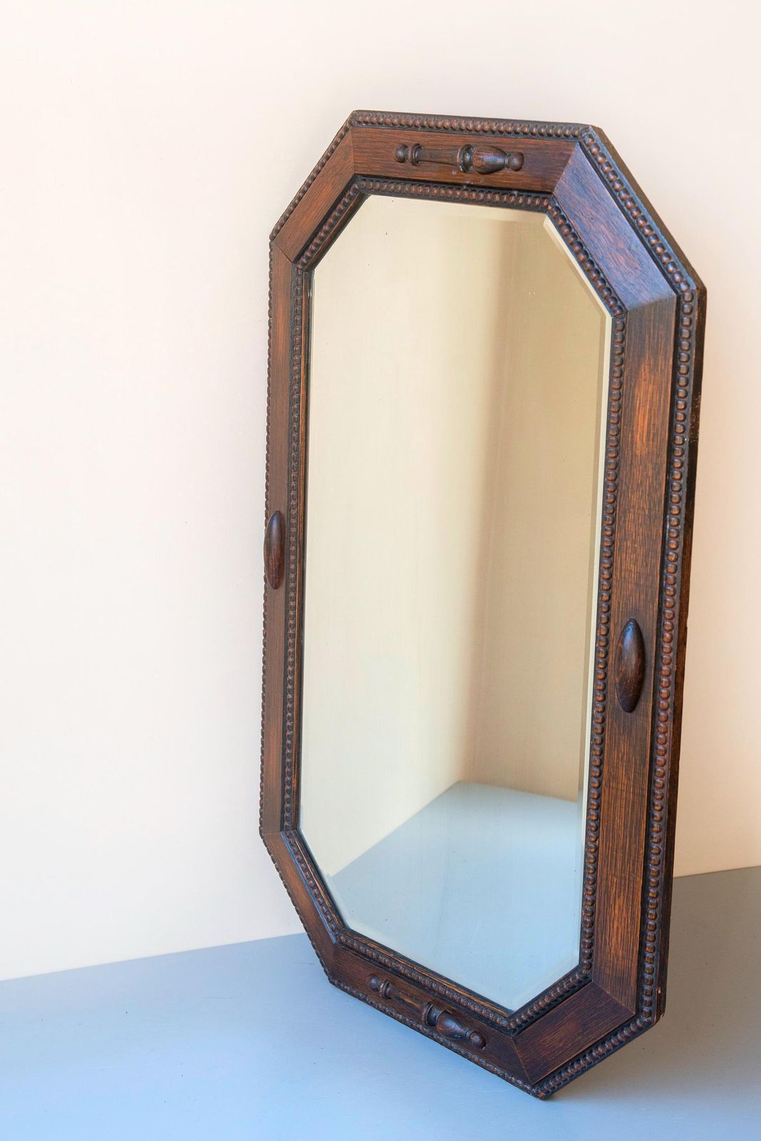 Art Deco Dutch Oak Wall Mirror   Large Octagonal Beveled Mirror   1920s Geometric Mantel Mirror photo vintage