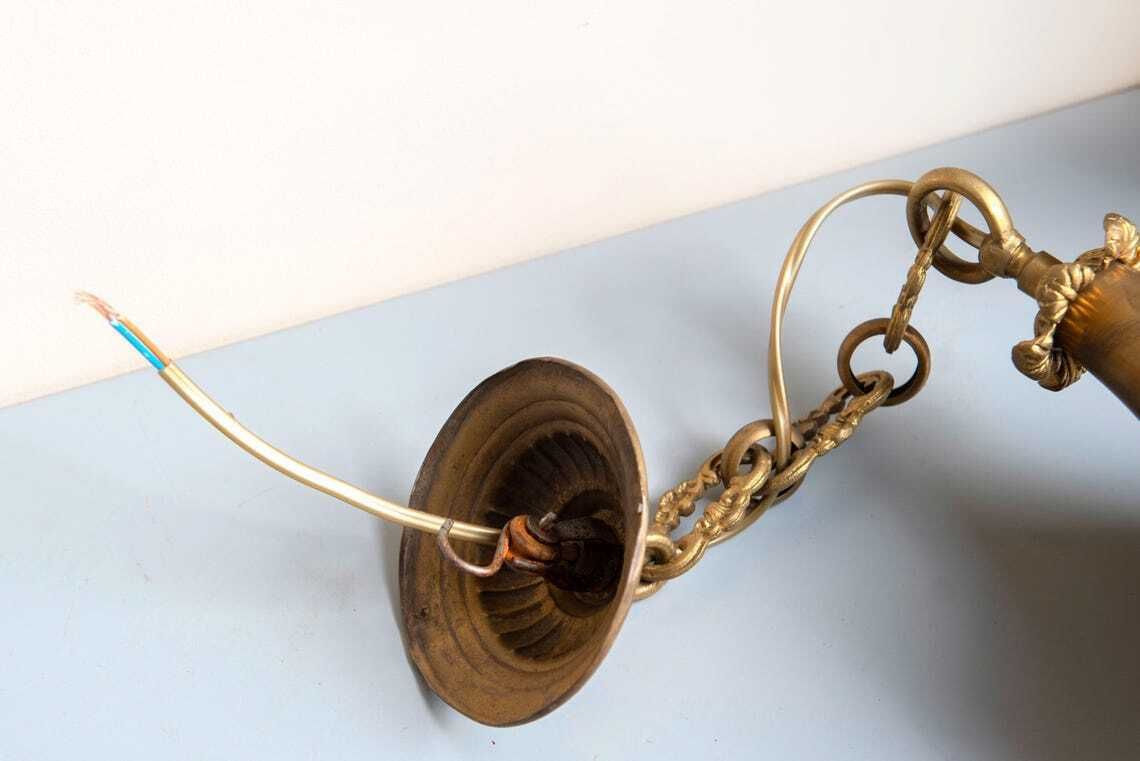 photo for sale Antieke Franse Art Nouveau Hanglamp  Matglazen Hanglamp  Sierlijk Messing Plafondlicht  Bloemen Kroonluchter