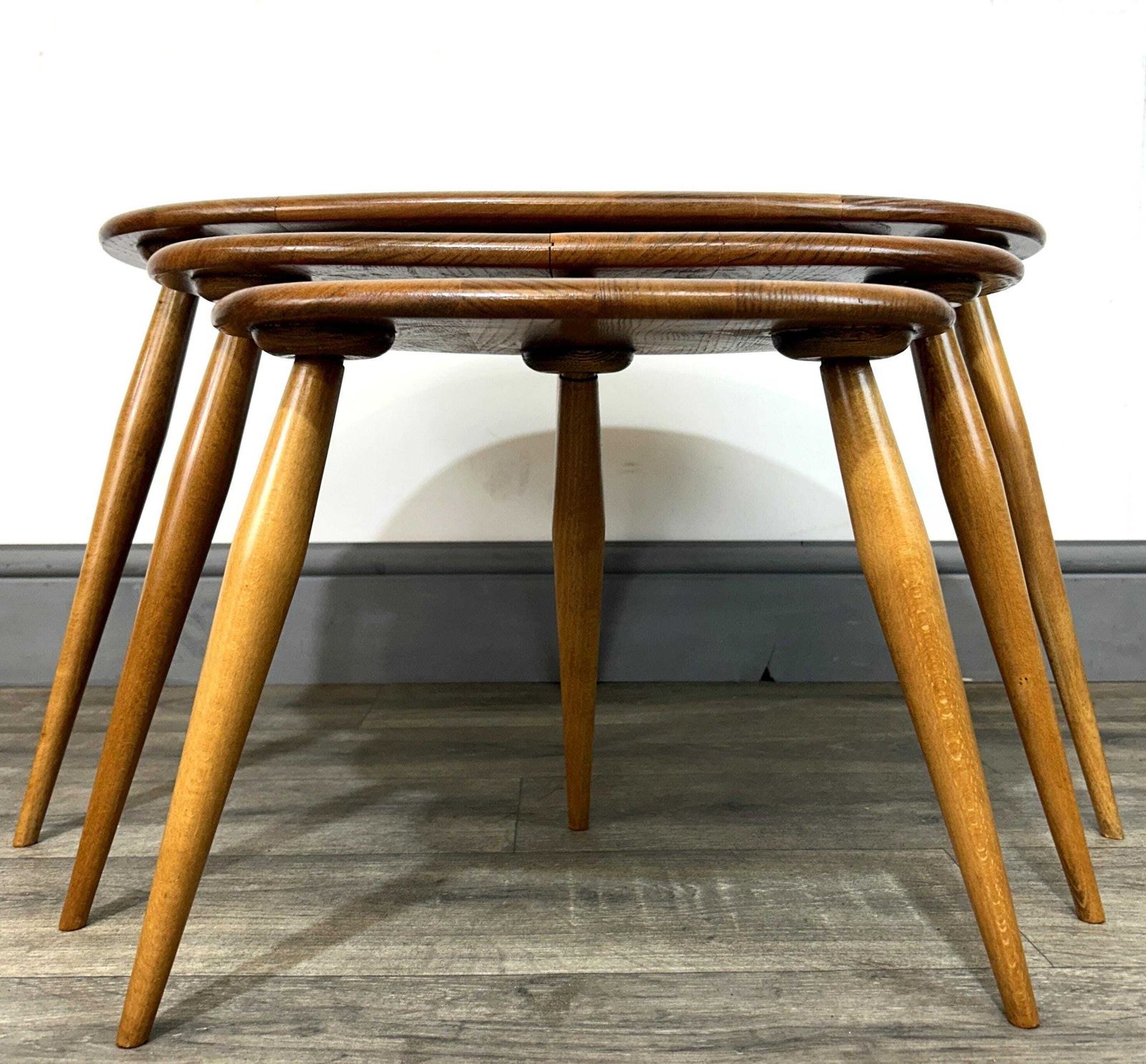 Mid Century 'Blondified' Solid Elm/Beech Nesting Pebble Tables Ercol photo vinterior