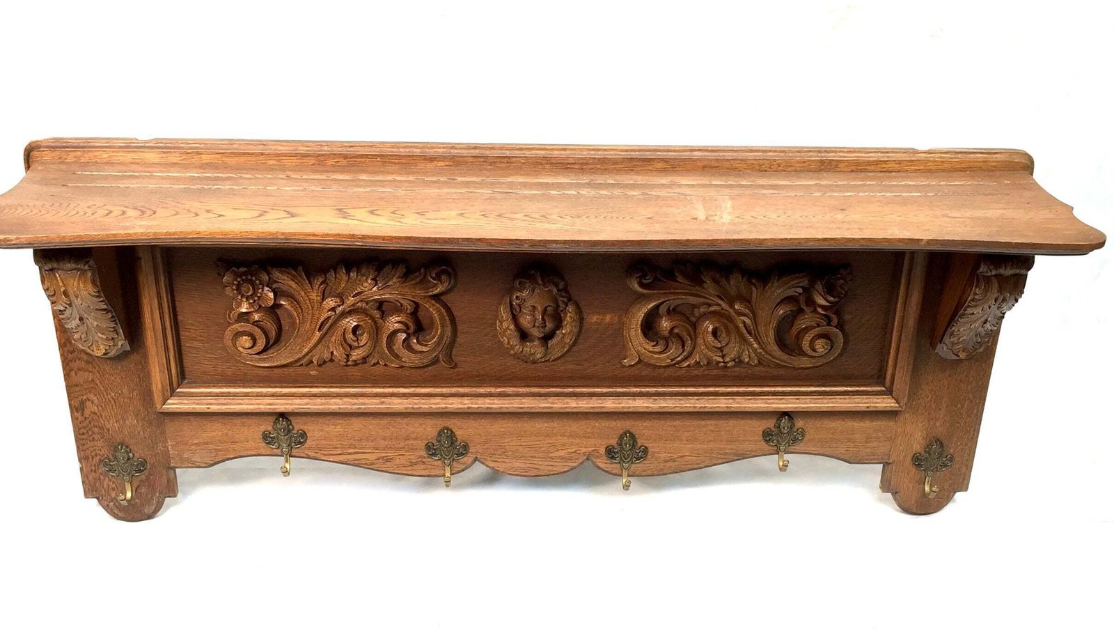 Antique Large Entrance Hall Wooden Oak Wall Mounted Coat Rack & Shelf C.1900 photo Furniture