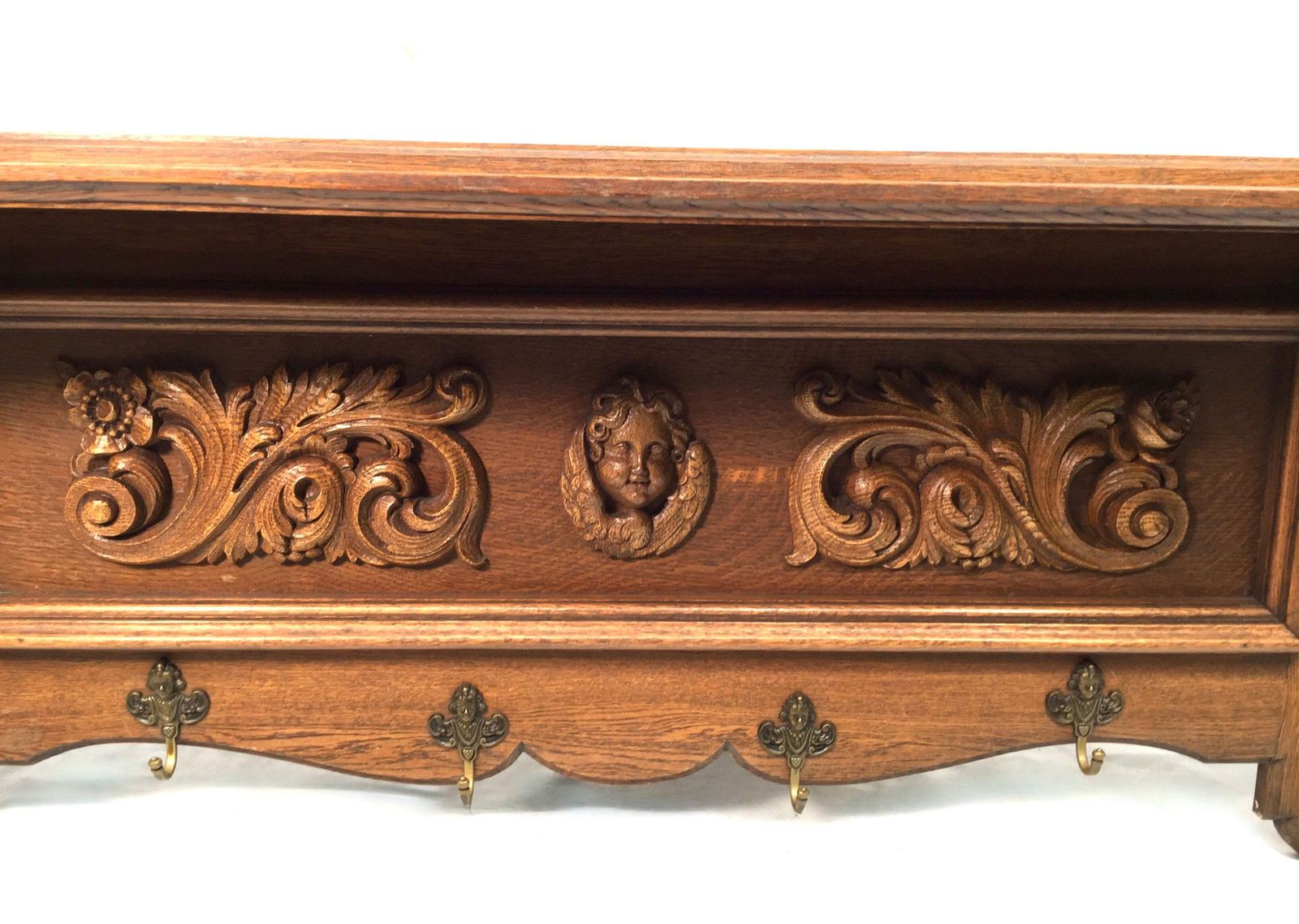 Antique Large Entrance Hall Wooden Oak Wall Mounted Coat Rack & Shelf C.1900 photo vinterior