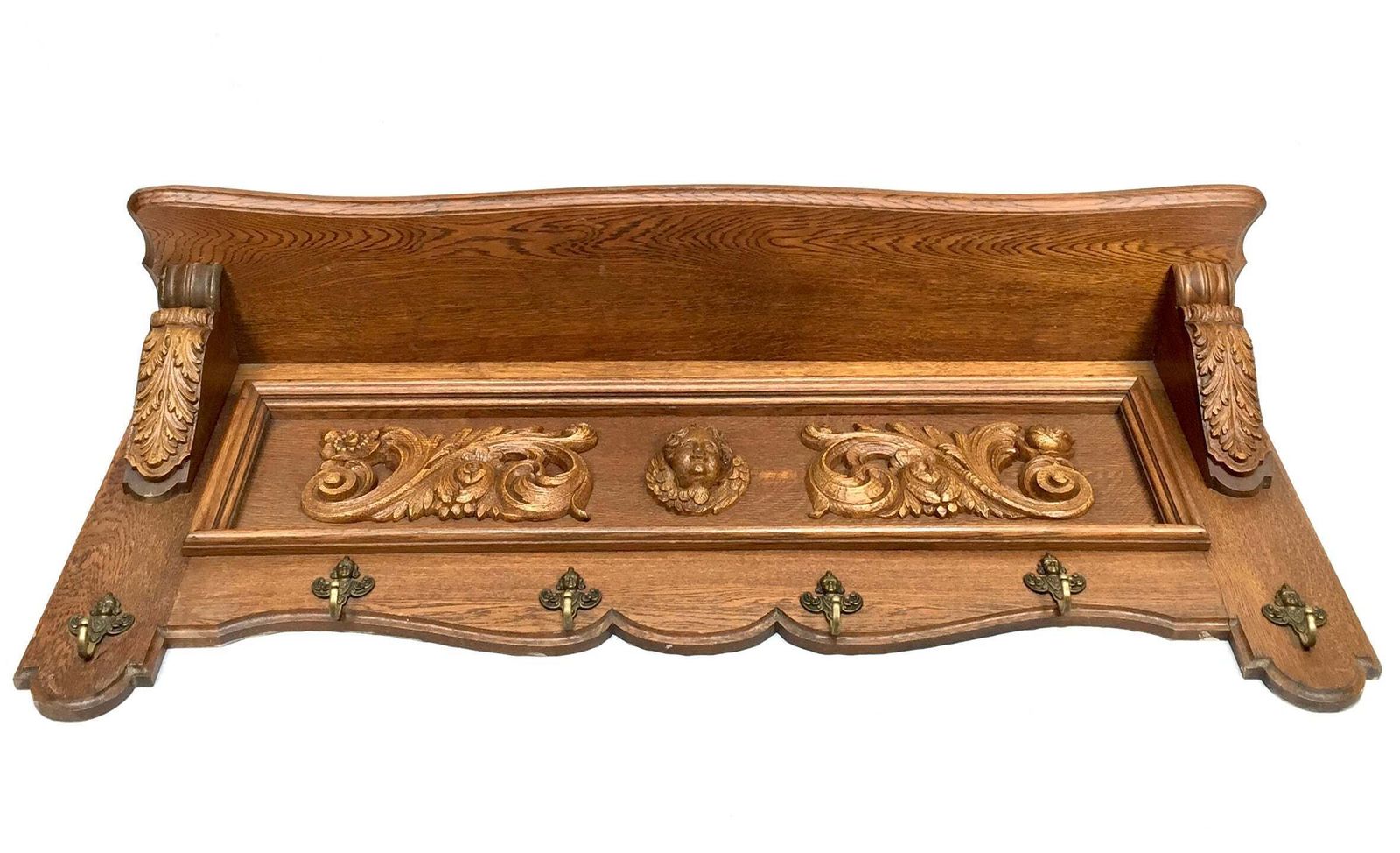 photo for sale Antique Large Entrance Hall Wooden Oak Wall Mounted Coat Rack & Shelf C.1900