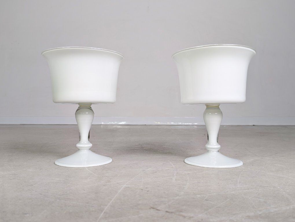 Set Of 2 Vases, Goblets, Glasses, White, Mid Century, Frosted Glass, Vintage 1970s photo for sale