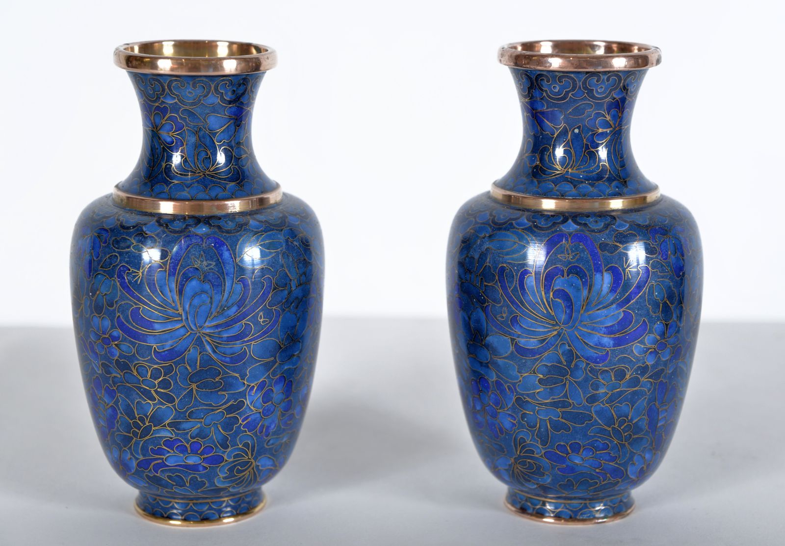 Pair Of Small Japanese Cloisonne Enamel Copper Flower Posy Vases Art Deco 1940s
