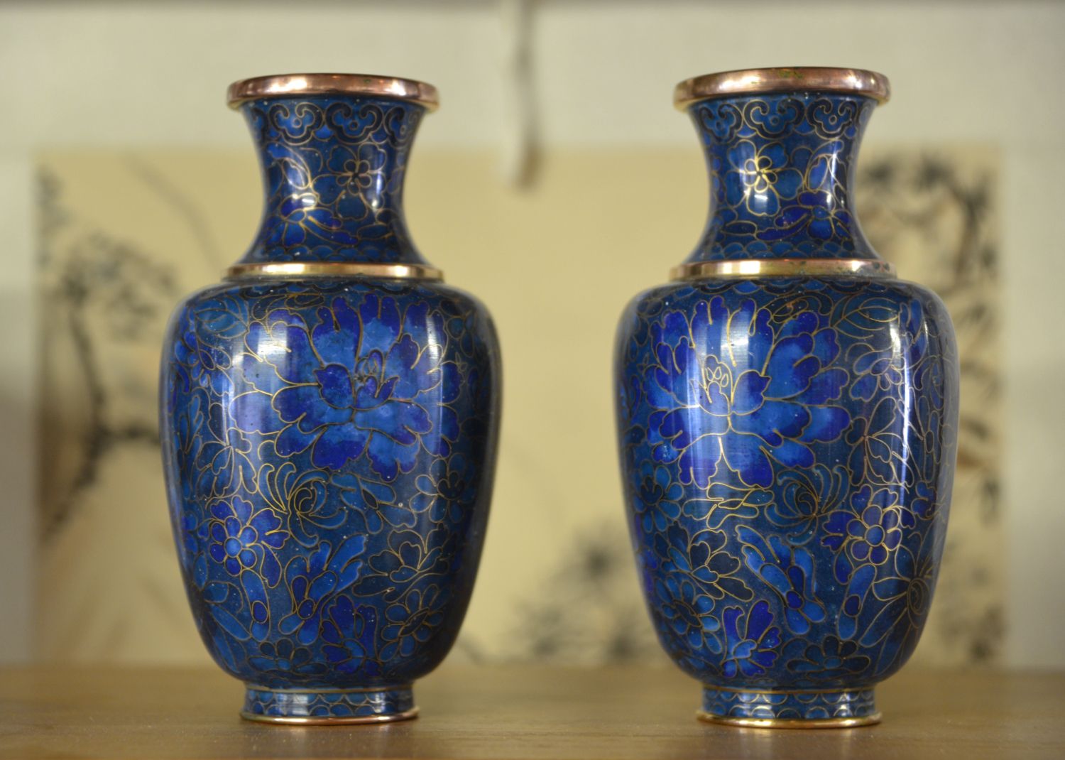 395.0 Pair Of Small Japanese Cloisonne Enamel Copper Flower Posy Vases Art Deco 1940s photo