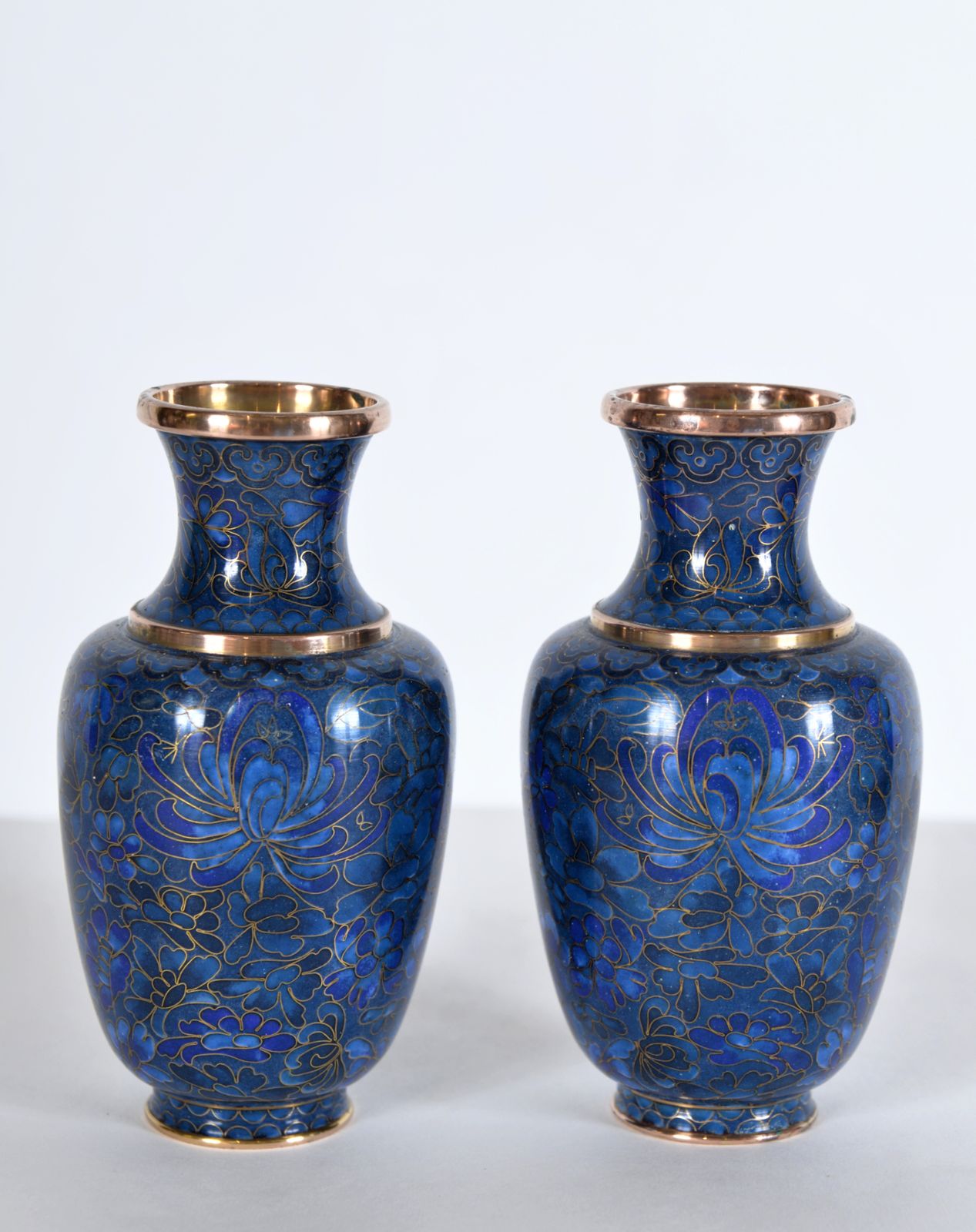 Pair Of Small Japanese Cloisonne Enamel Copper Flower Posy Vases Art Deco 1940s photo for sale