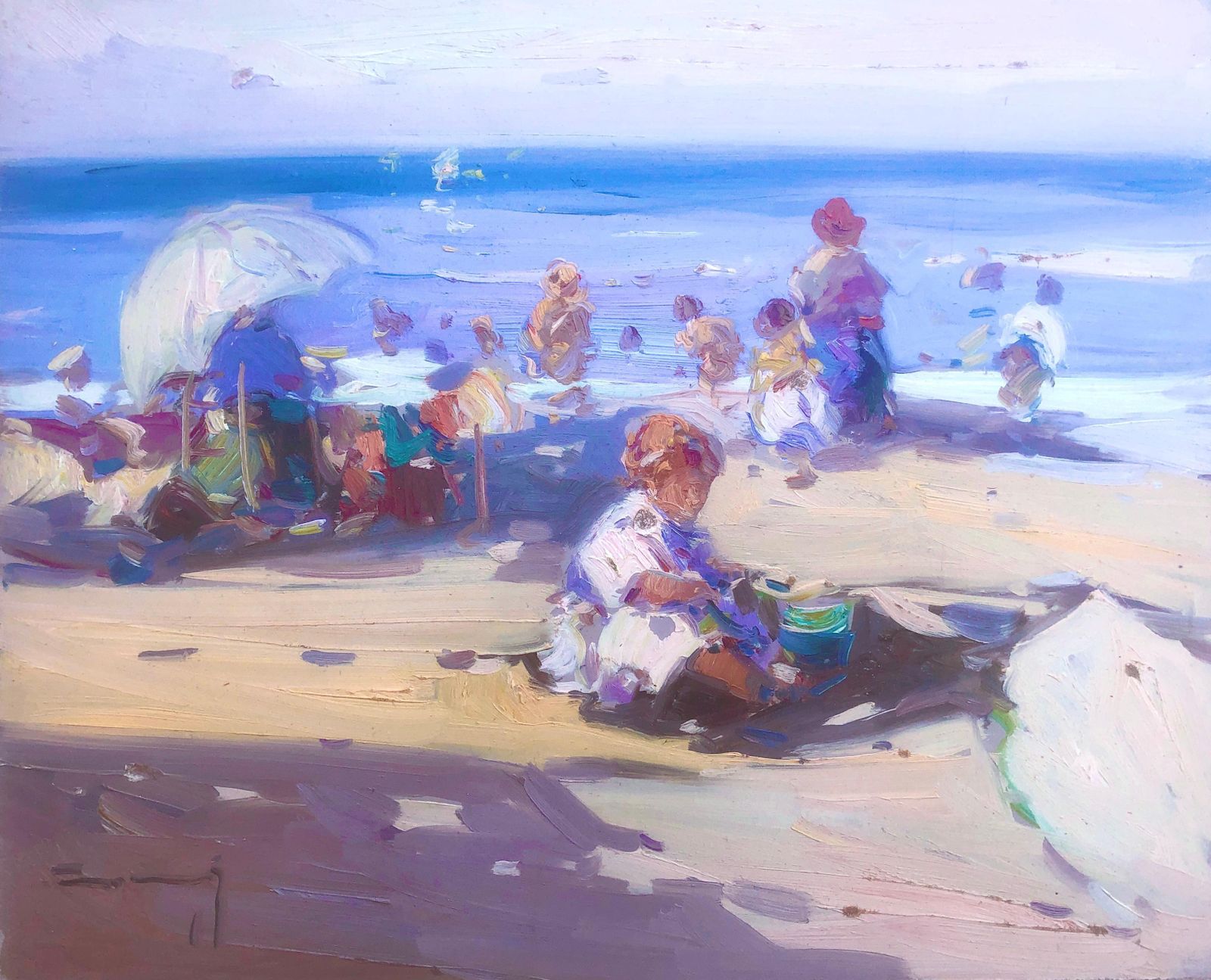 Gabriel Casarrubios – Mediterraan Strandtafereel Met Kinderen En Parasols, Impressionistisch Olieverfschilderij, Ca. 2000