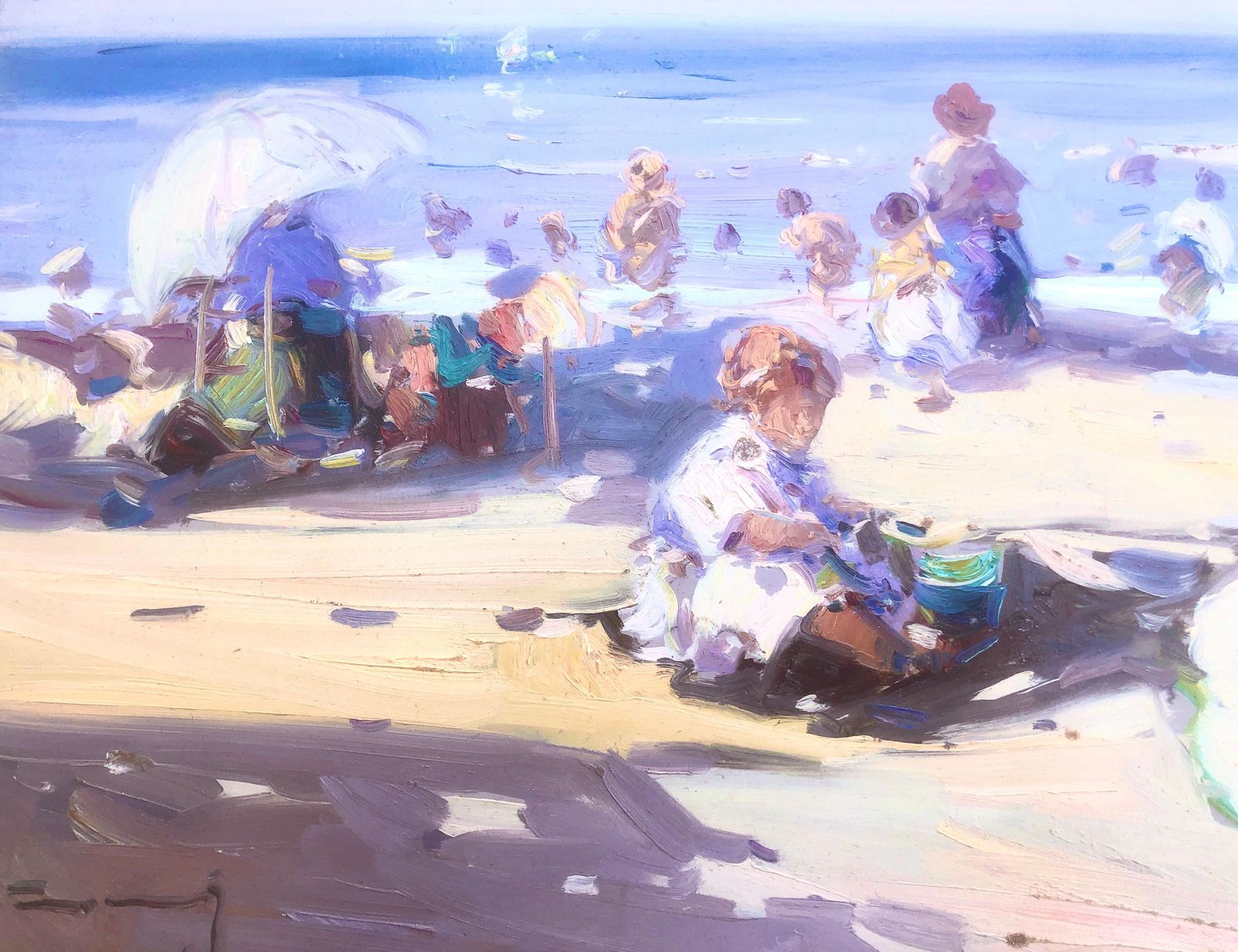 Gabriel Casarrubios Scène de plage méditerranéenne avec enfants et parasols, peinture à l'huile impressionniste, vers 2000 photo furniture