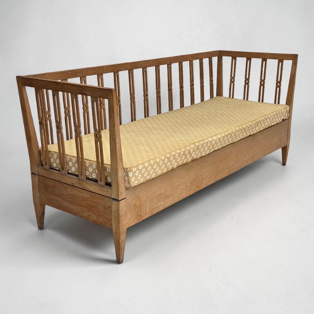 1970s, Swedish Drop Arm Sofa/Daybed, Furniture Fabric, Oak Wood.