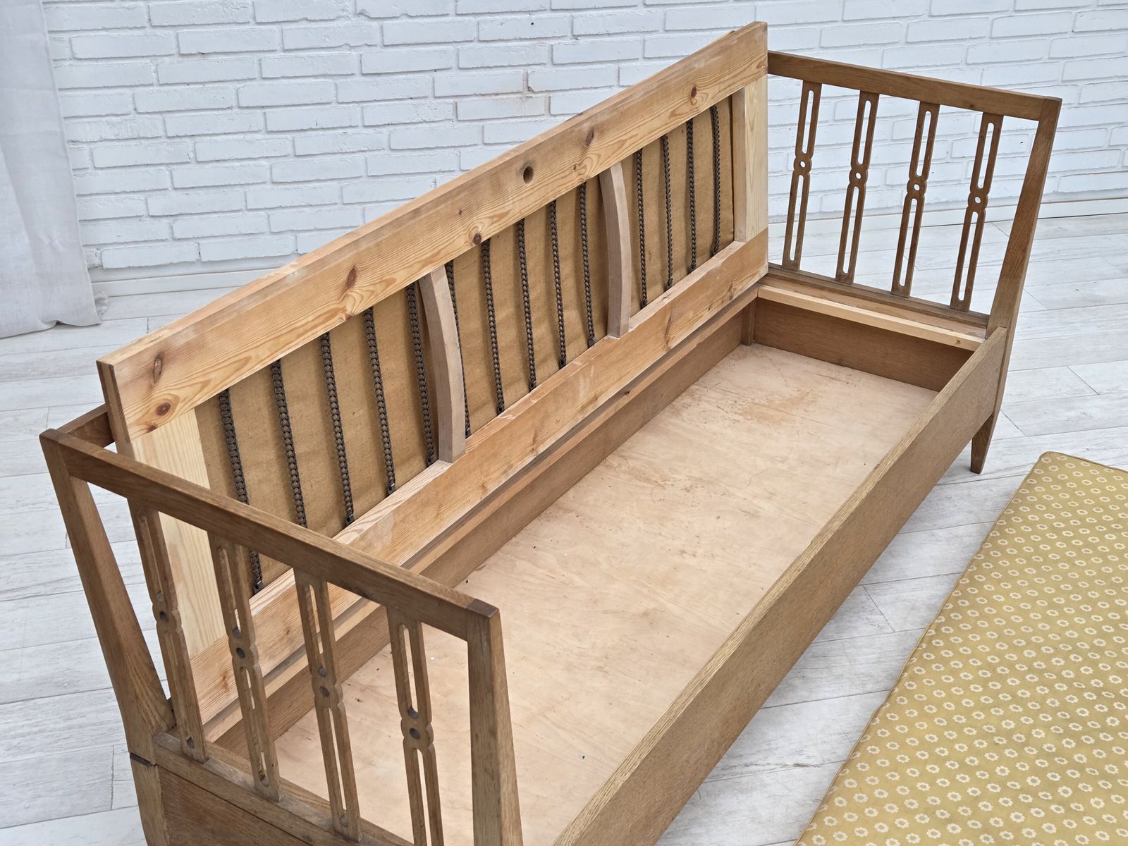 photo furniture 1970s, Swedish Drop Arm Sofa/Daybed, Furniture Fabric, Oak Wood.