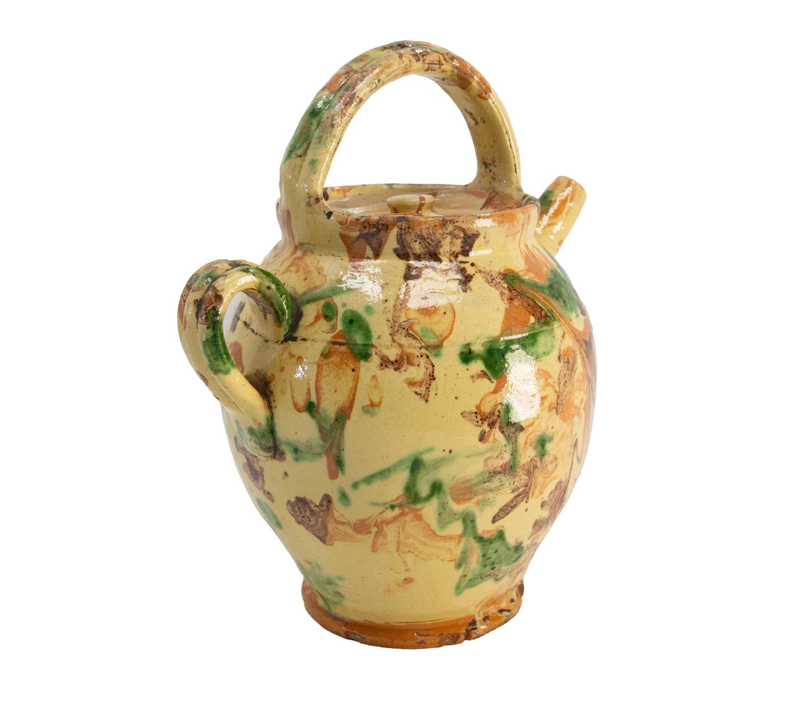 Franse geglazuurde polychrome terracotta kan, ca. 1900 photo Woonaccessoires