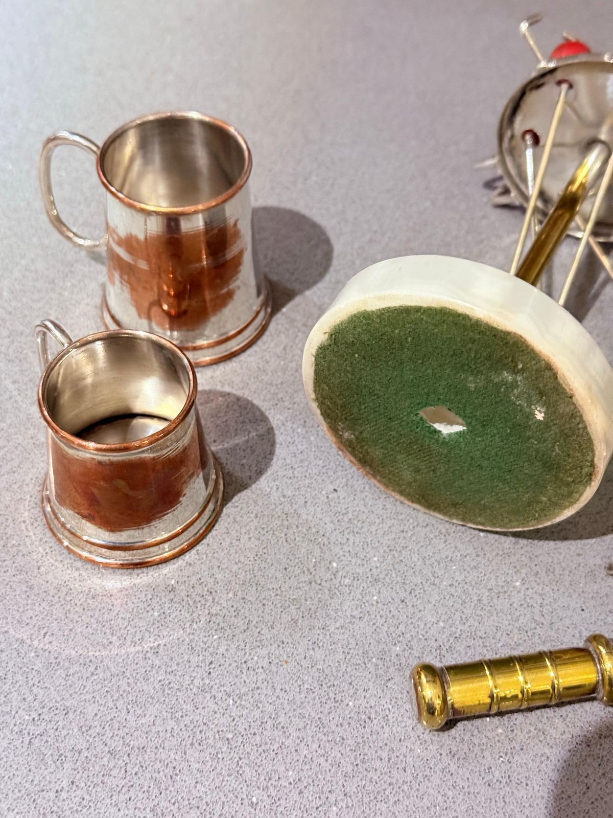 Vintage English Barware Set On Onyx Stand: Mini Tankards, Corkscrew & Bottle Ope photo Home Decor