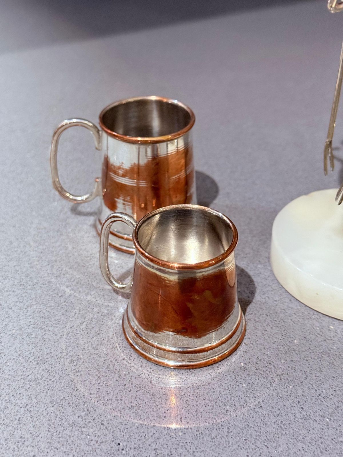 Vintage English Barware Set On Onyx Stand: Mini Tankards, Corkscrew & Bottle Ope photo vinterior