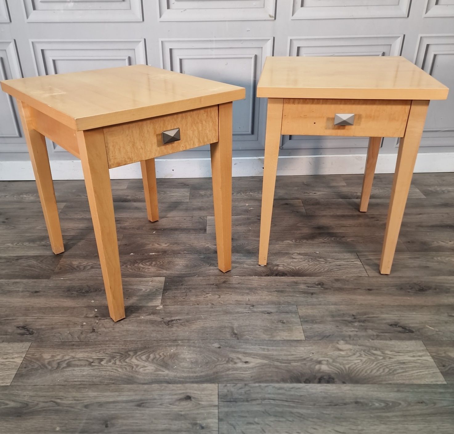 Pair 2 Bedside Tables   Maple Veneer Drawers Lamp Side Cabinet Nightstands Retro