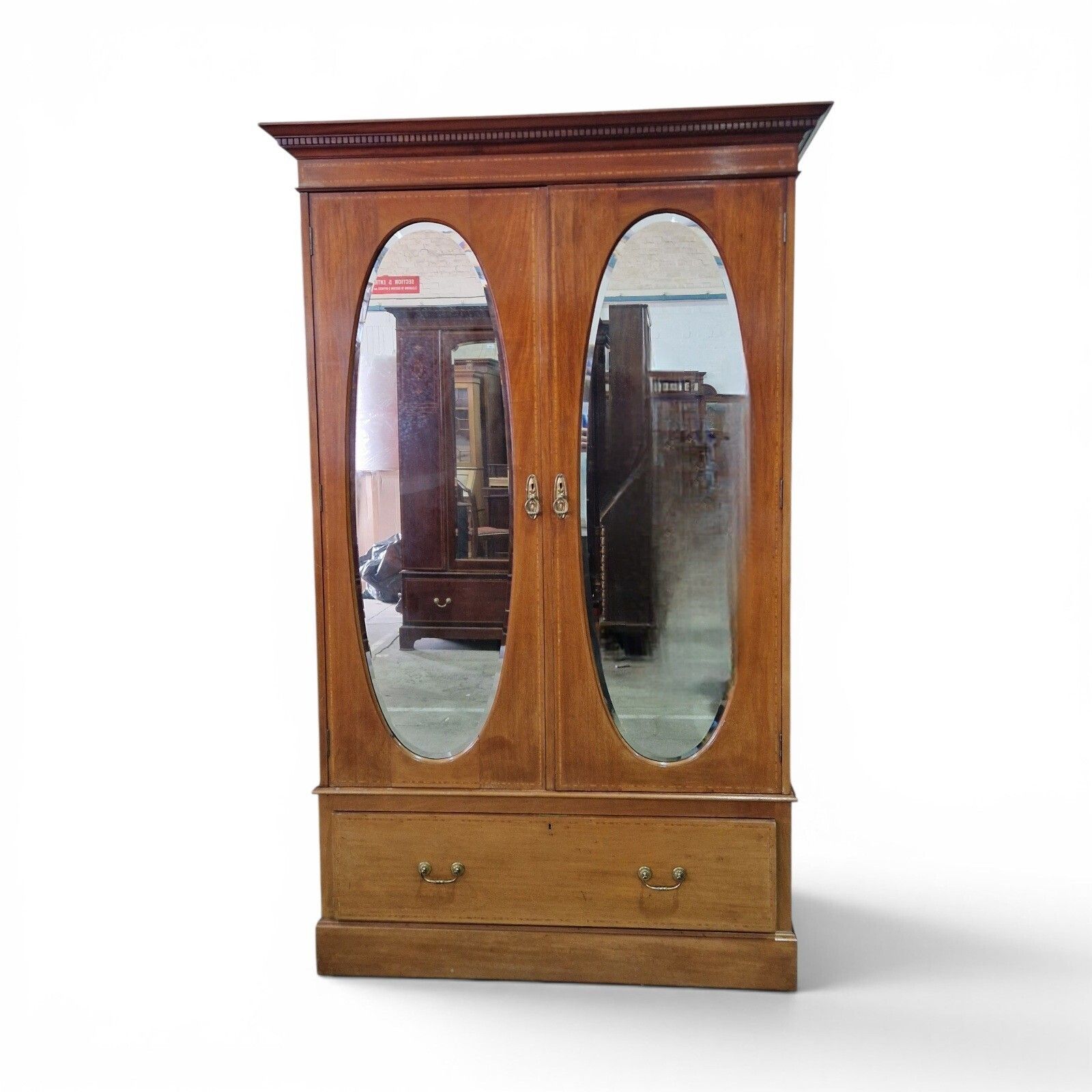 Antique Edwardian Inlaid Mahogany Double Wardrobe Oval Mirror Doors Cws photo furniture