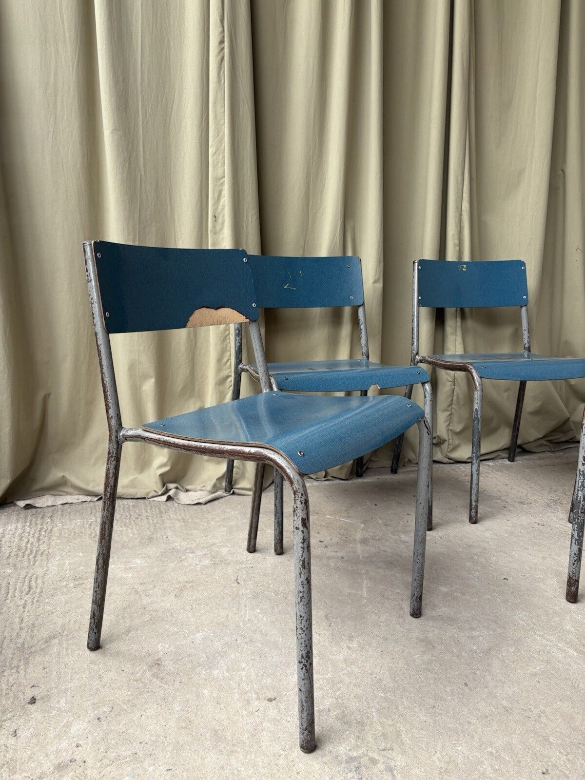 Vtg Mid Century Industrial Metal Set Of 4 Stacking Dining Chairs Retro R1202 photo furniture