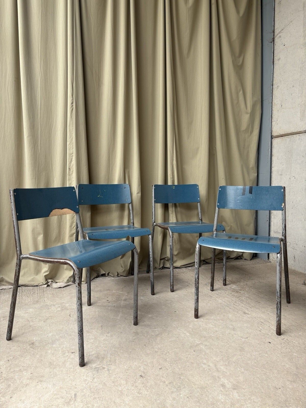 Vtg Mid Century Industrial Metal Set Of 4 Stacking Dining Chairs Retro R1202 photo for sale