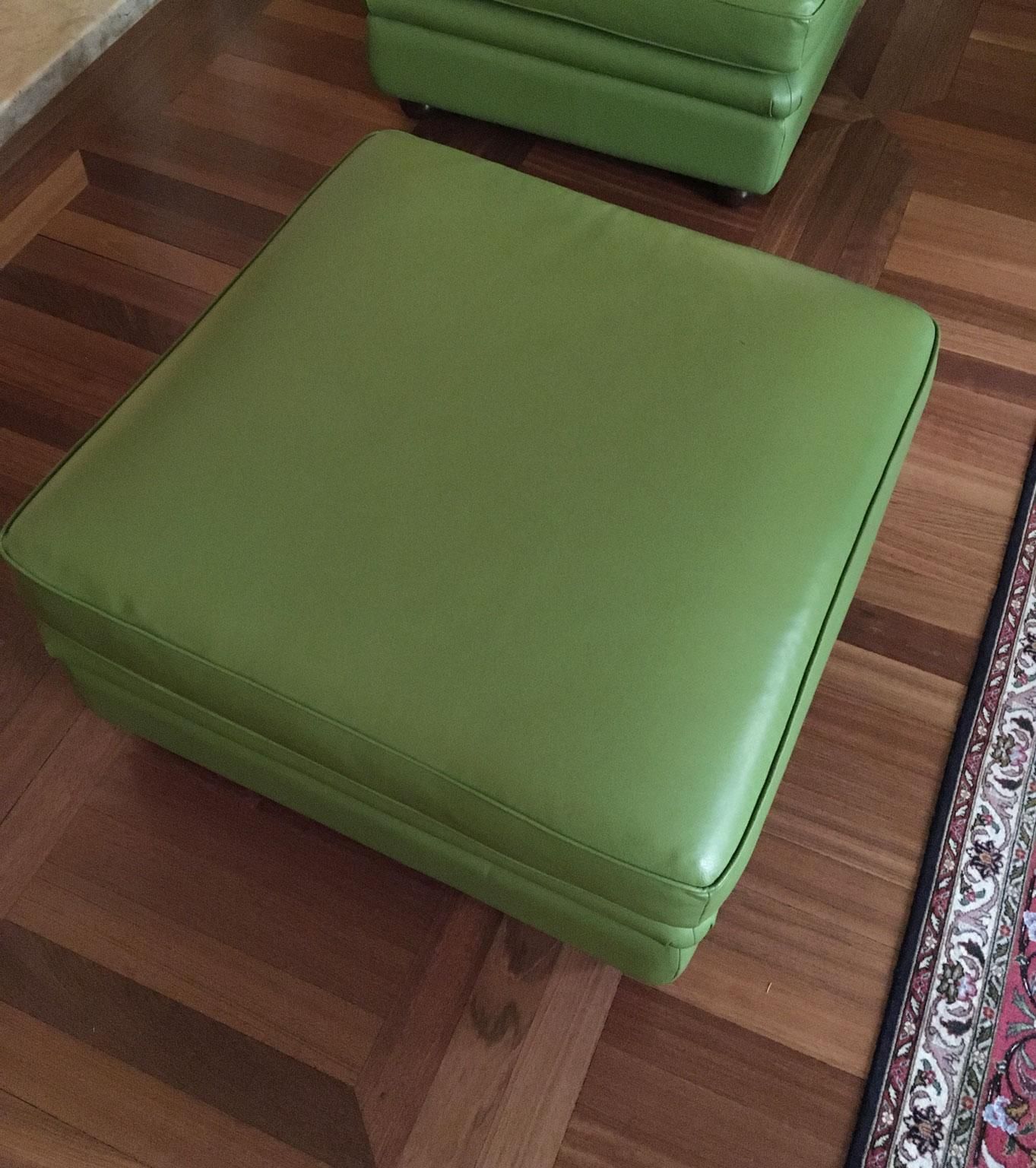 Italy Post Modern Green Leather Squared Pouf With Black Spherical Lacquered Feet photo vintage
