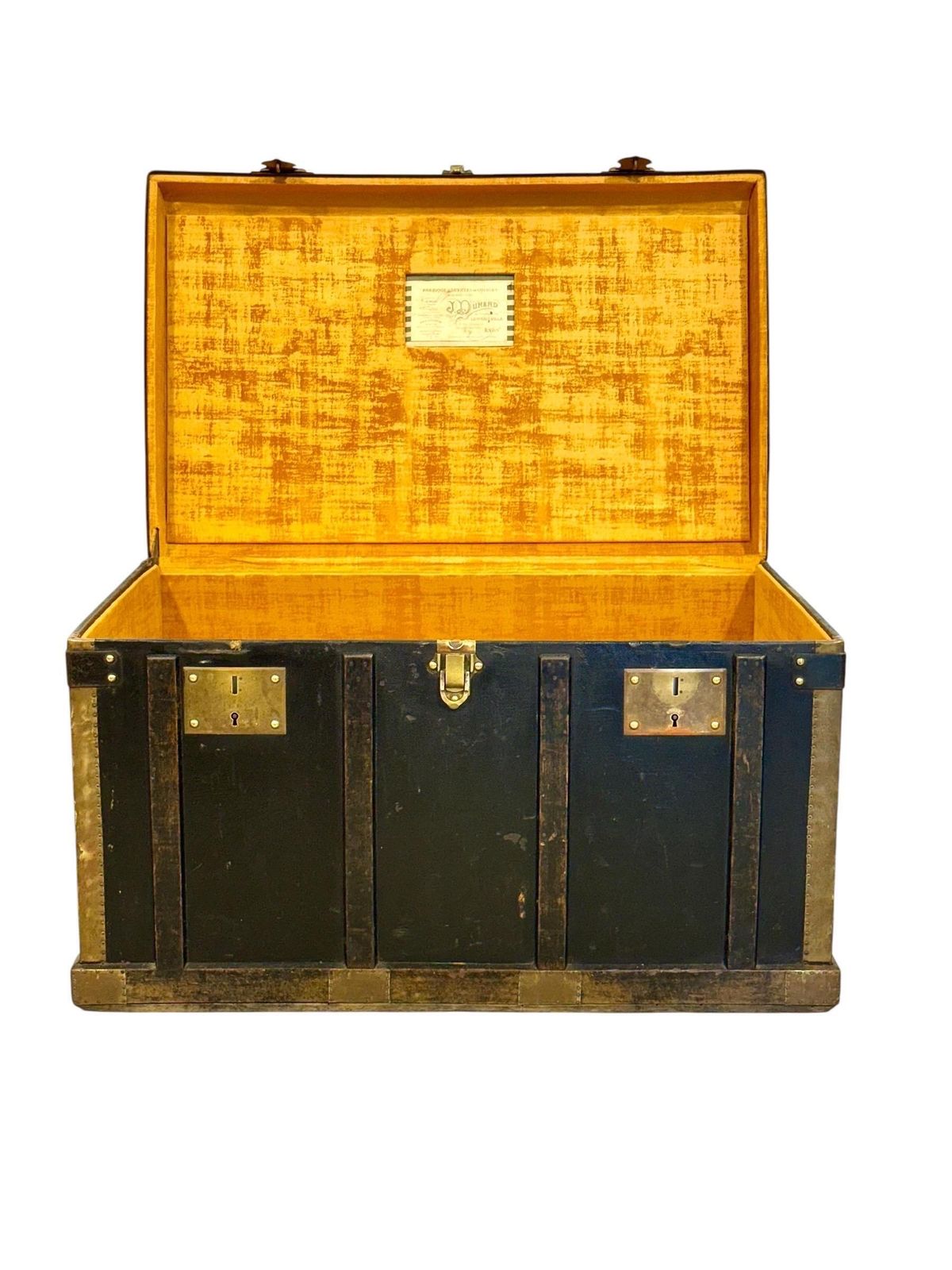 Black Canvas And Brass Flat Travel Trunk, Belle époque France Circa 1912 photo vintage