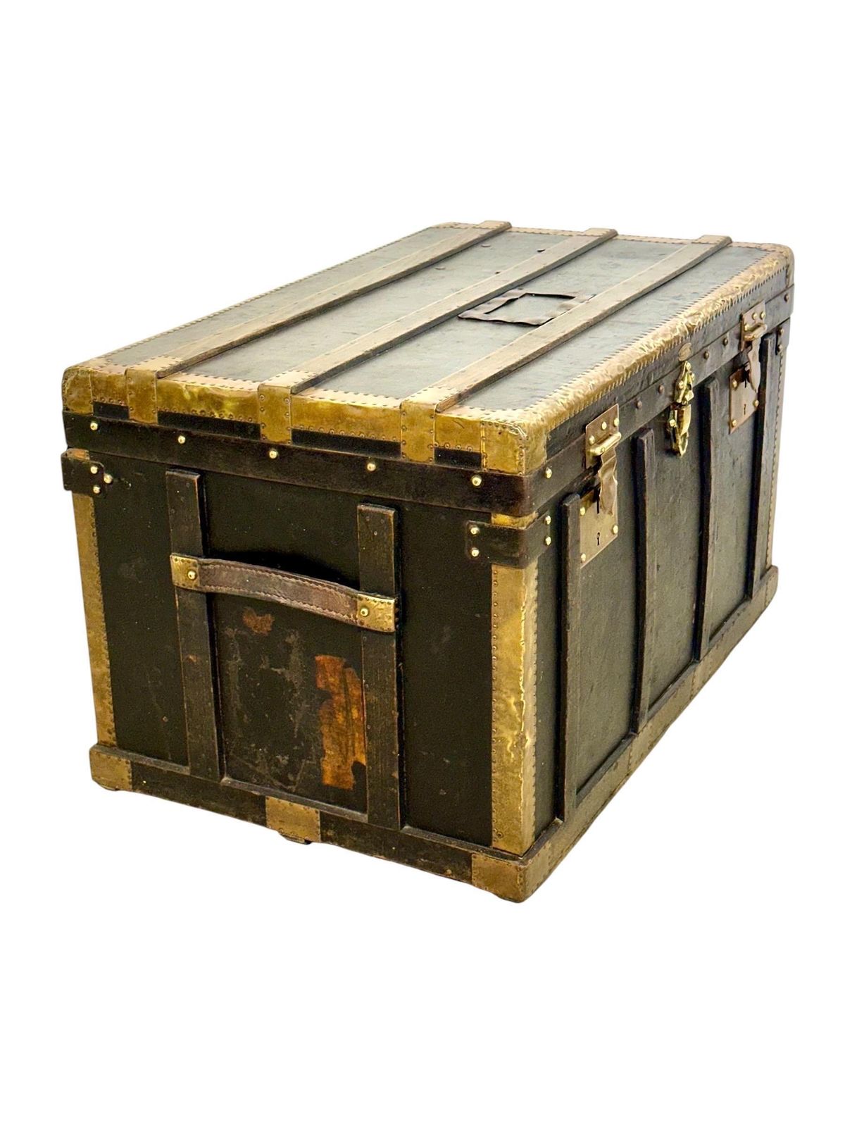 Furniture Black Canvas And Brass Flat Travel Trunk, Belle époque France Circa 1912 photo