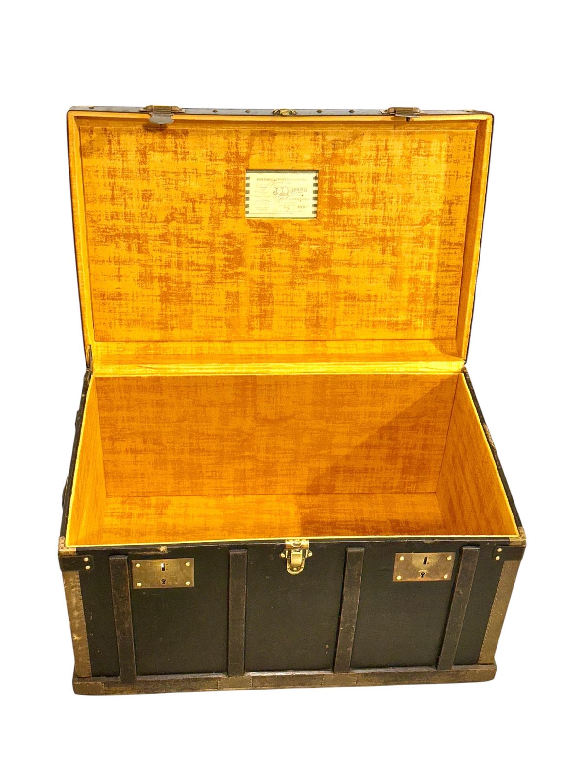photo buy Black Canvas And Brass Flat Travel Trunk, Belle époque France Circa 1912