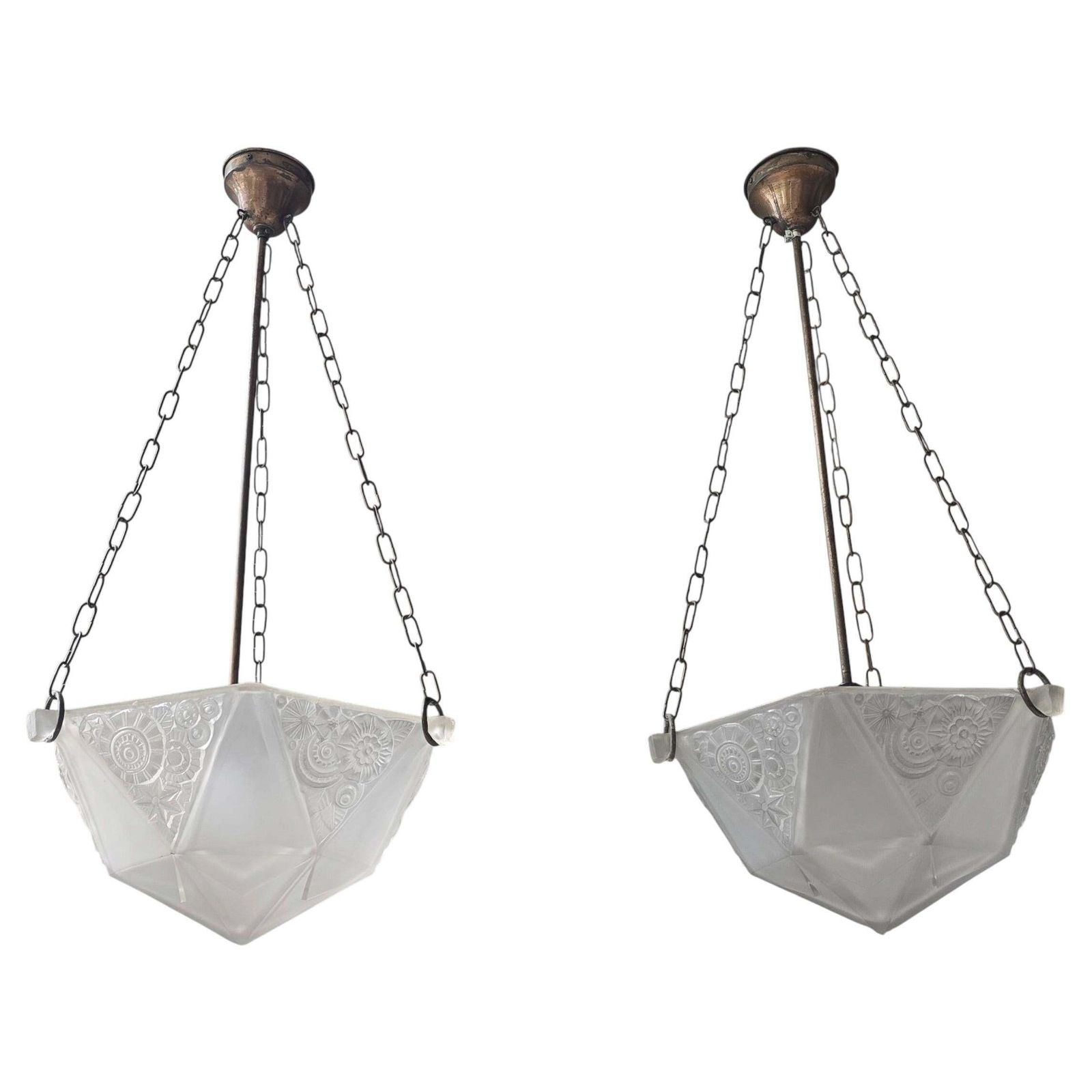 French Art Deco Geometric Pressed Glass Pendant Light, 5 Available photo Lighting