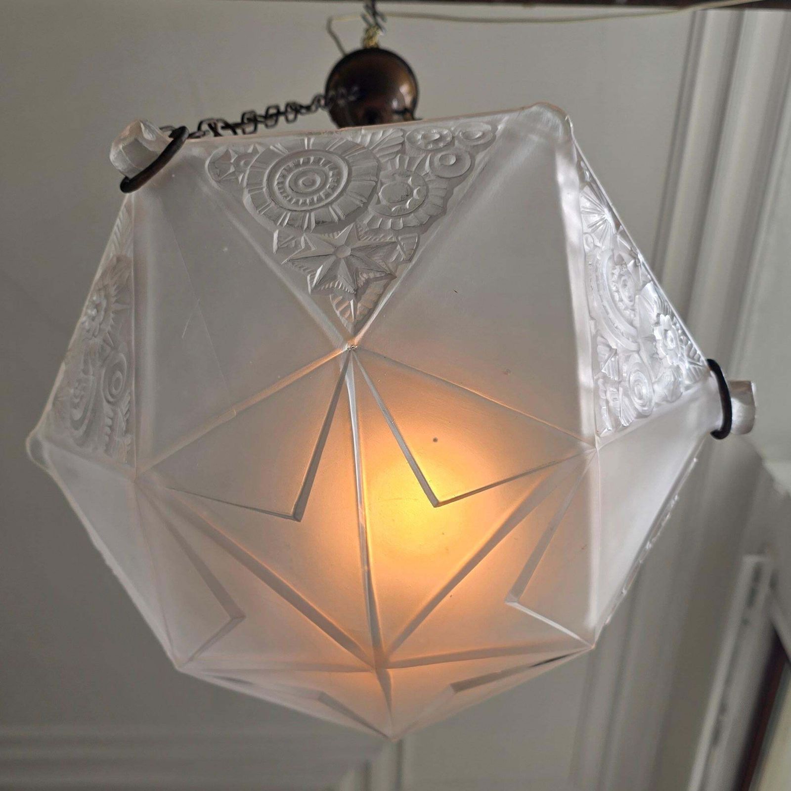 French Art Deco Geometric Pressed Glass Pendant Light, 5 Available photo buy
