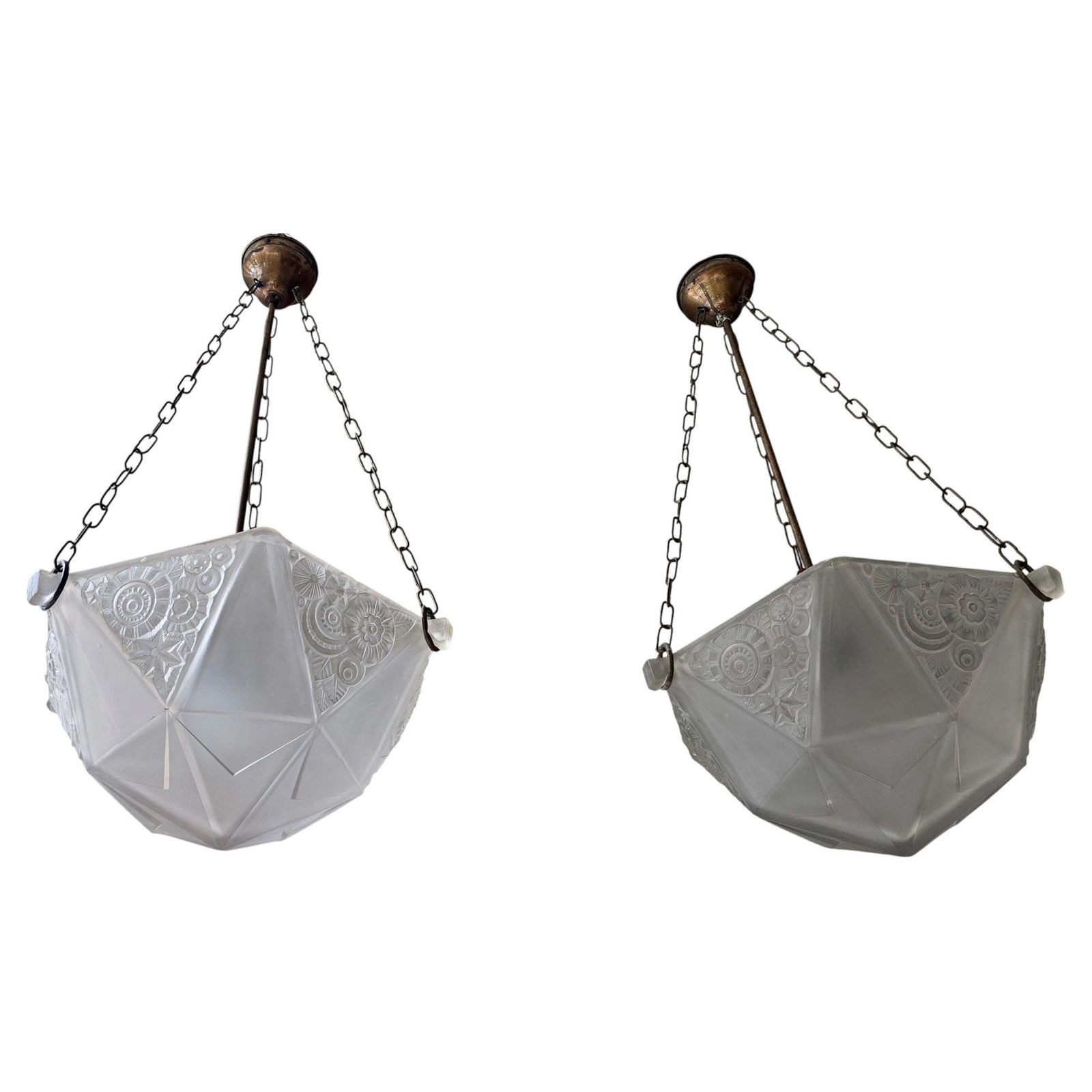 French Art Deco Geometric Pressed Glass Pendant Light, 5 Available photo vintage