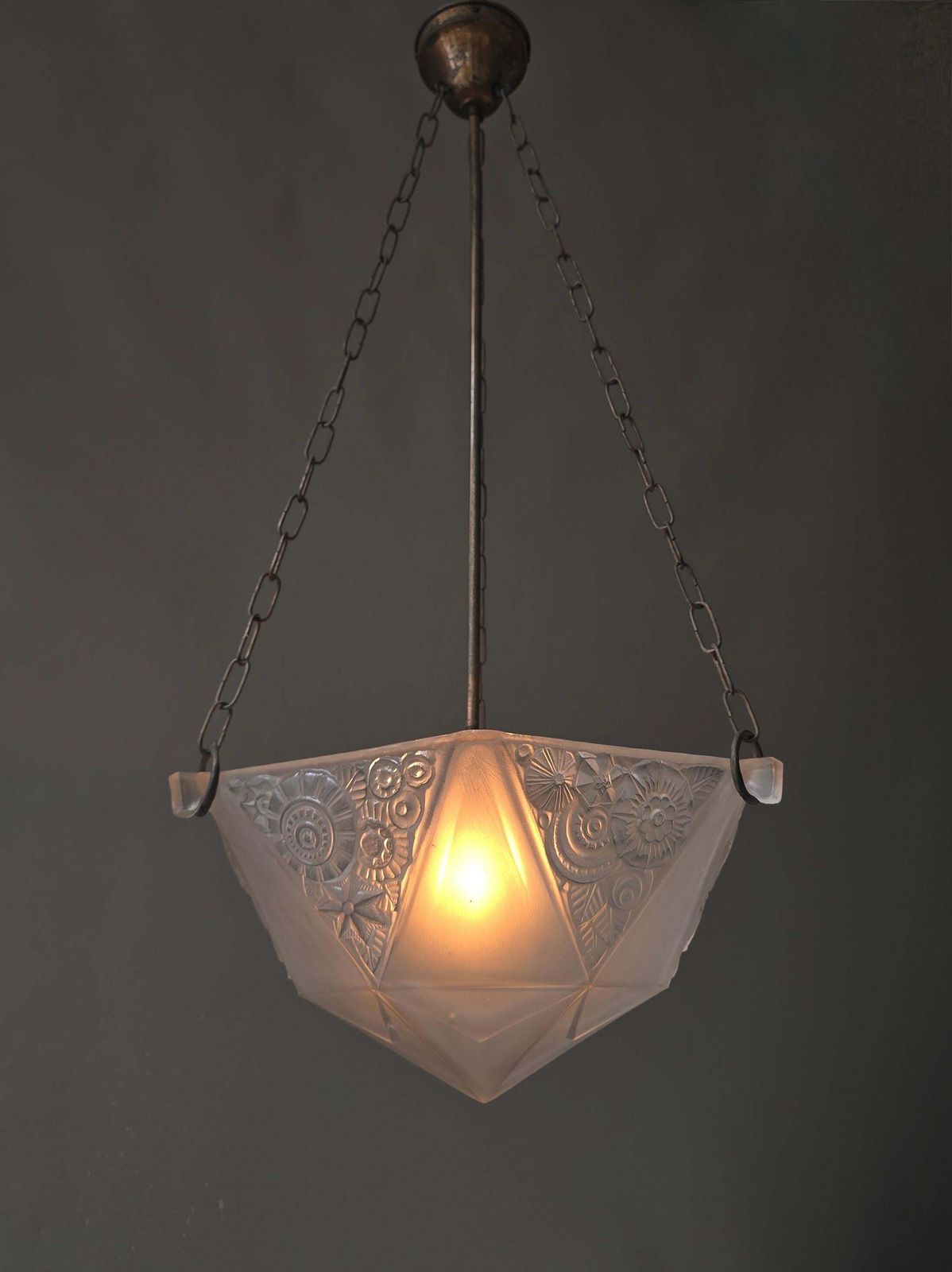 Lighting French Art Deco Geometric Pressed Glass Pendant Light, 5 Available photo