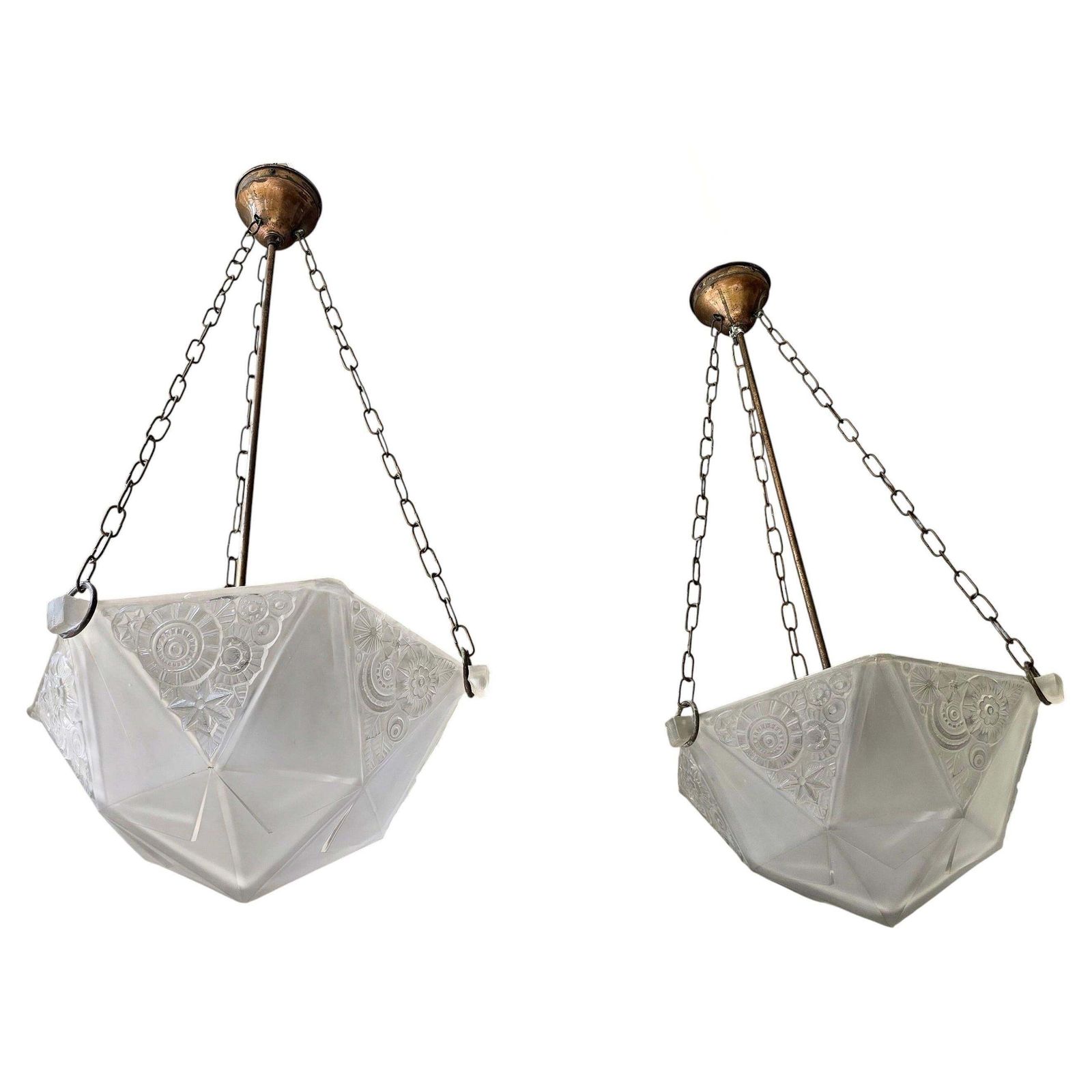 photo buy French Art Deco Geometric Pressed Glass Pendant Light, 5 Available