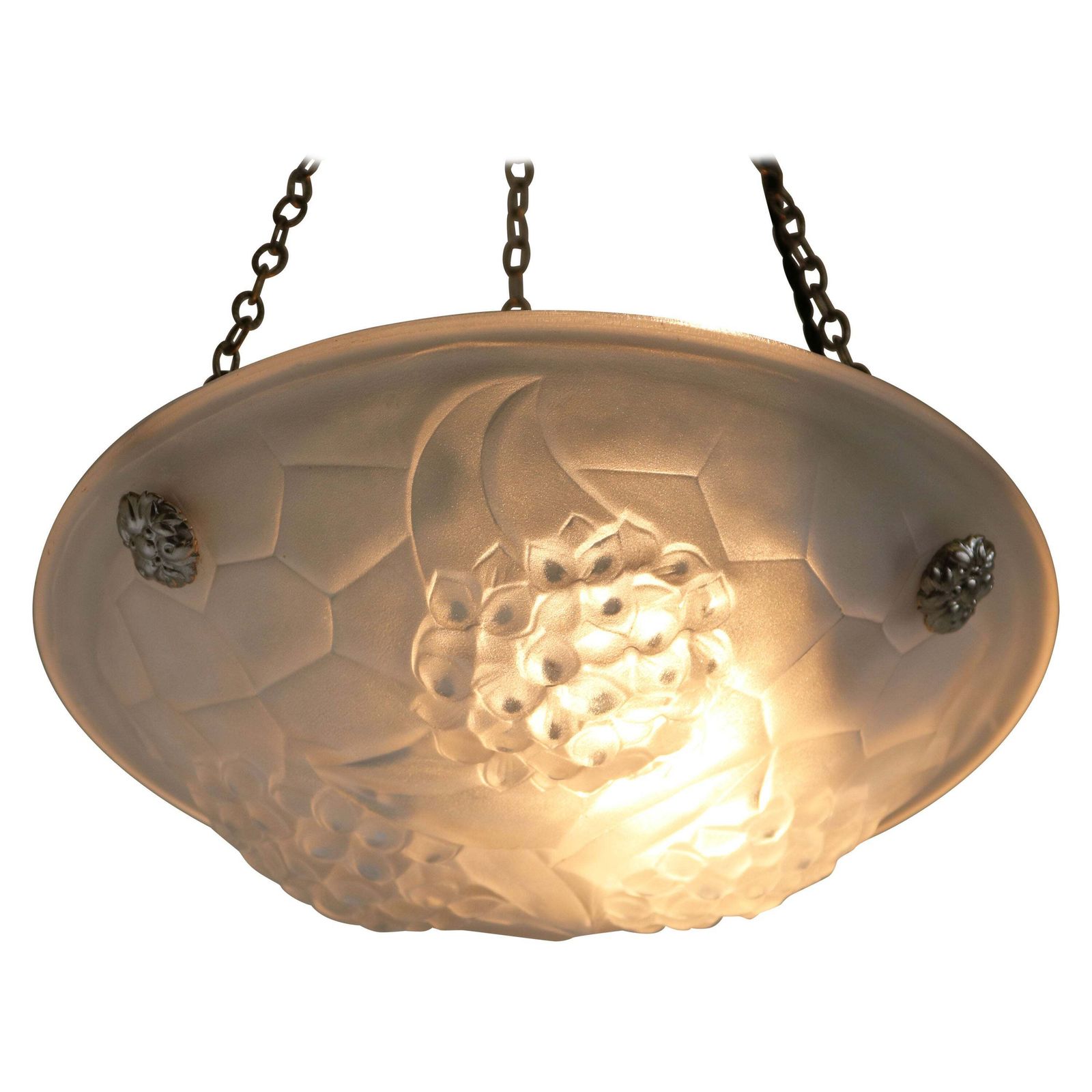 Antiek Frans art deco hanglamp / kroonluchter van David Gueron Degue, wit glas
