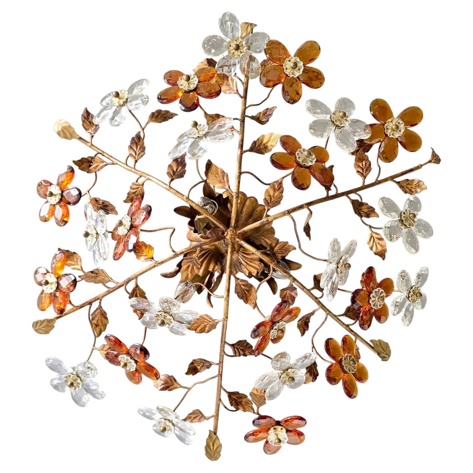 Italian Crystal Flower Flush Mount Ceiling Light With 24 Crystal Flowers, 1970s