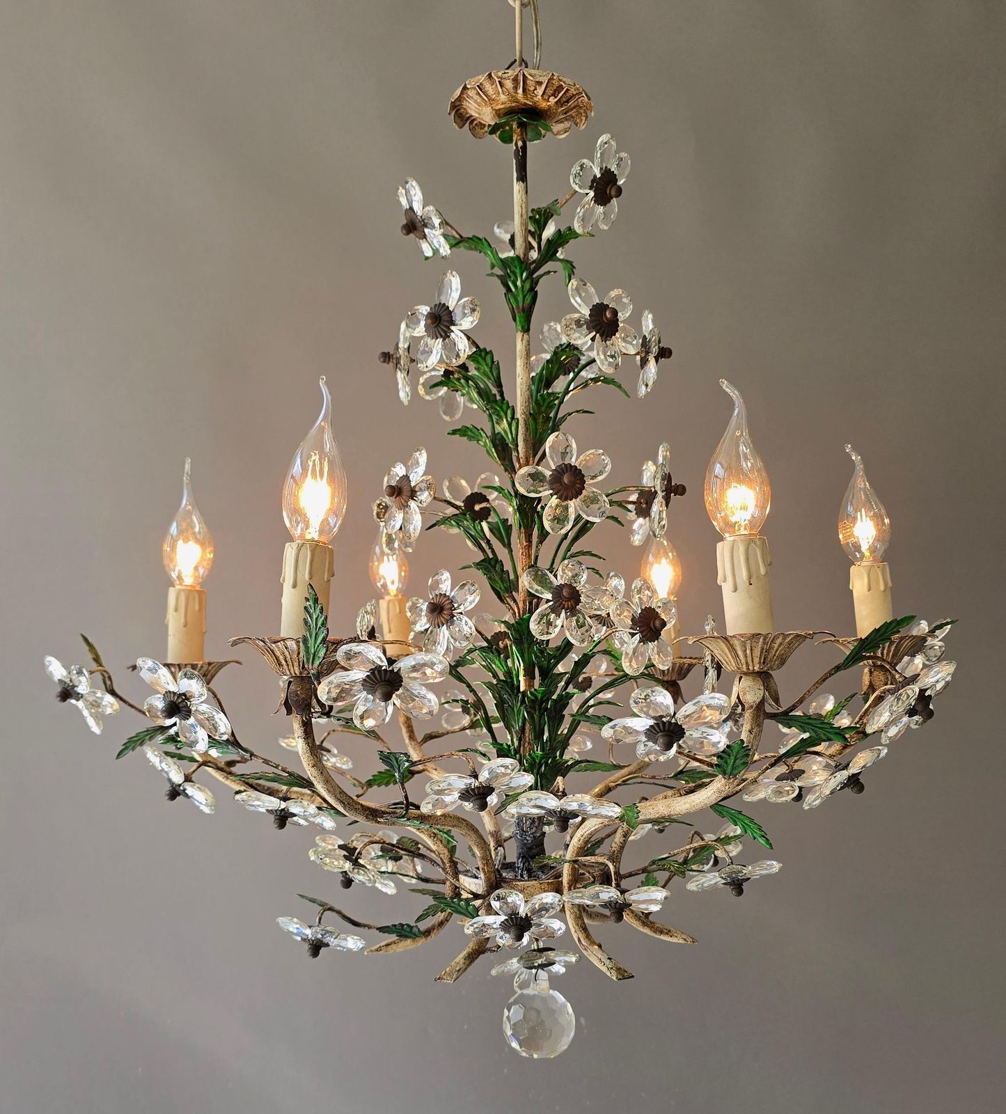 Italian Crystal Flower Chandelier With 58 Crystal Flowers, Six Lights, 1960s photo for sale