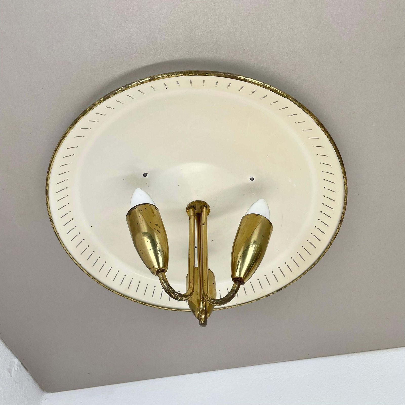 Unique Round Brass Gino Sarfatti Style Ceiling Light Flushmount, Italy 1950s photo furniture