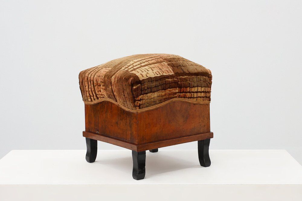 Art Deco Walnut Ottoman With Velvet Upholstery, Italy, 1920s