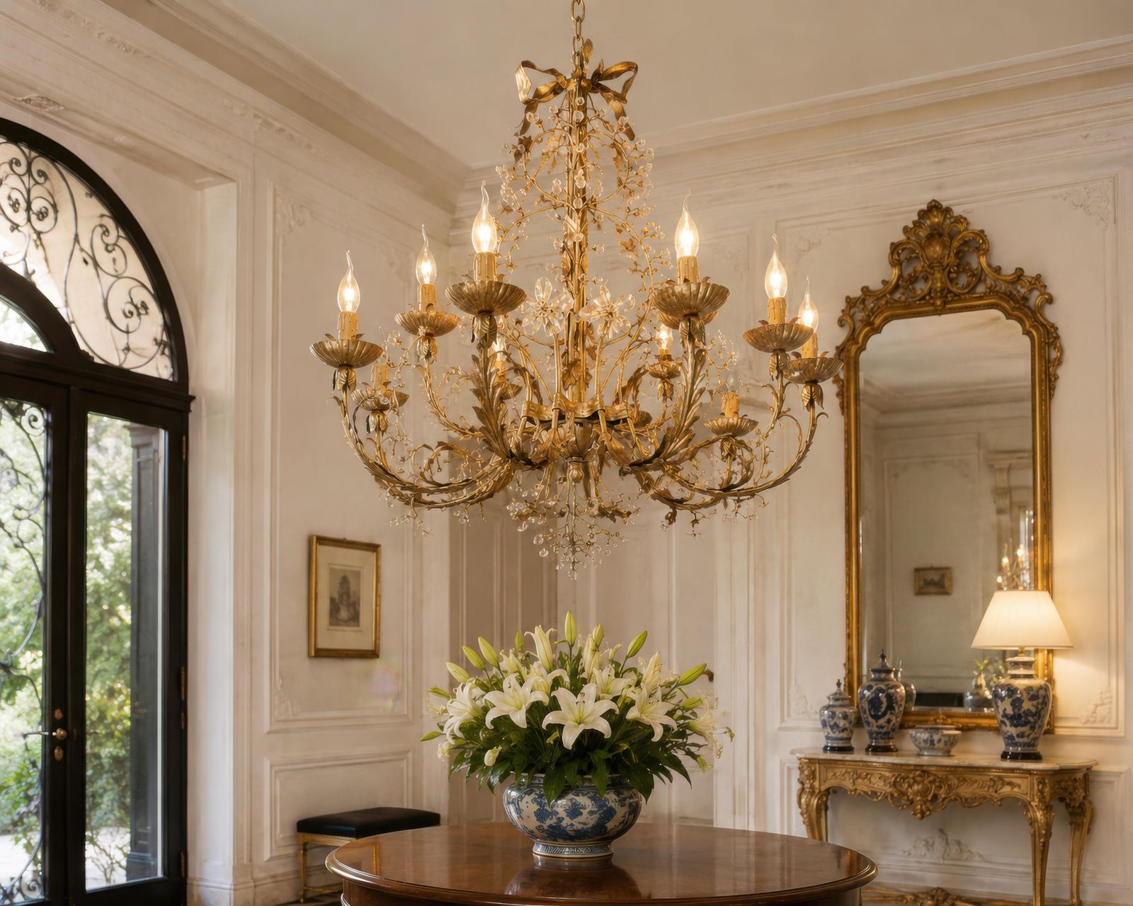 Large Mechini Florence Gilt Iron And Crystal Floral Chandelier, Italy photo for sale
