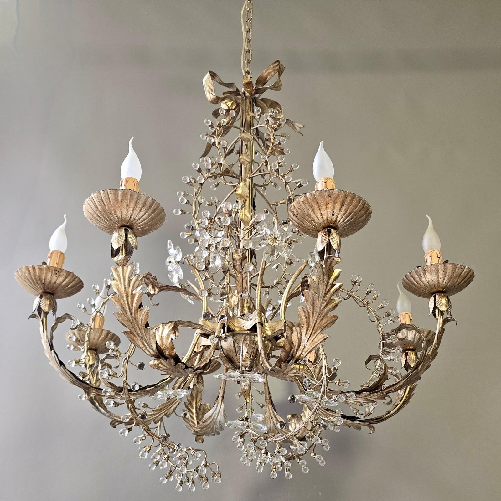Large Mechini Florence Gilt Iron And Crystal Floral Chandelier, Italy photo buy